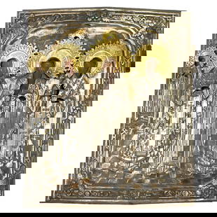 Russian or Greek Icon Painted on Wood w/Silver Overlay "Three Holy Hierarchs": Russian or Greek Icon Painted on Wood w/Silver Overlay "Three Holy Hierarchs"- Basil, Gregory, and John Chrysostom. Approx. 14"x12"