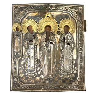 Russian or Greek Icon Painted on Wood w/Silver Overlay "Three Holy Hierarchs": Russian or Greek Icon Painted on Wood w/Silver Overlay "Three Holy Hierarchs"- Basil, Gregory, and John Chrysostom. Approx. 14"x12"