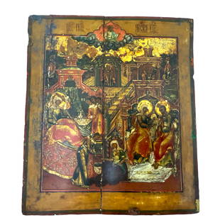 Russian or Greek Icon Painted on Wood "Nativity of the Mother of God": Russian Icon Painted on Wood "Nativity of the Mother of God." Approx. 14"x12" OA