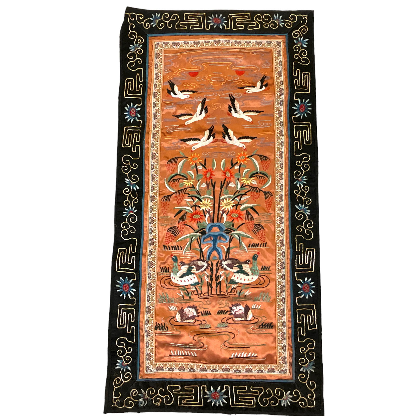 Embroidered Ducks with Pond and Flowers, Chinese Silk Wall Hanging (1 of 4)