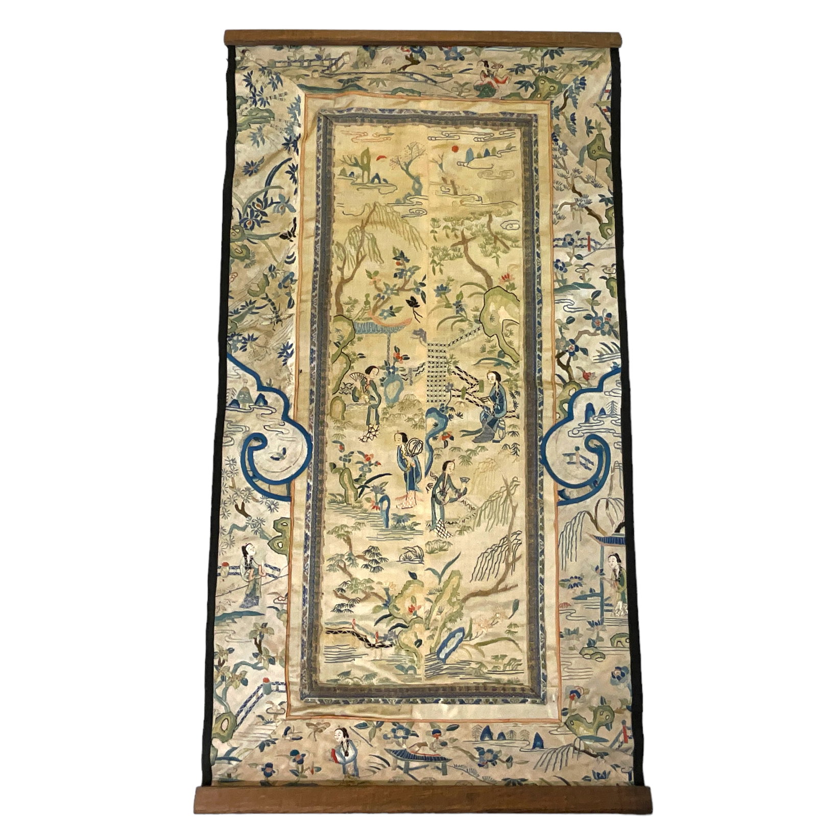 Embroidered People and Gardens, Chinese Silk Wall Hanging: Embroidered People and Gardens, Chinese Silk wall hanging. Approx. 27"x14"