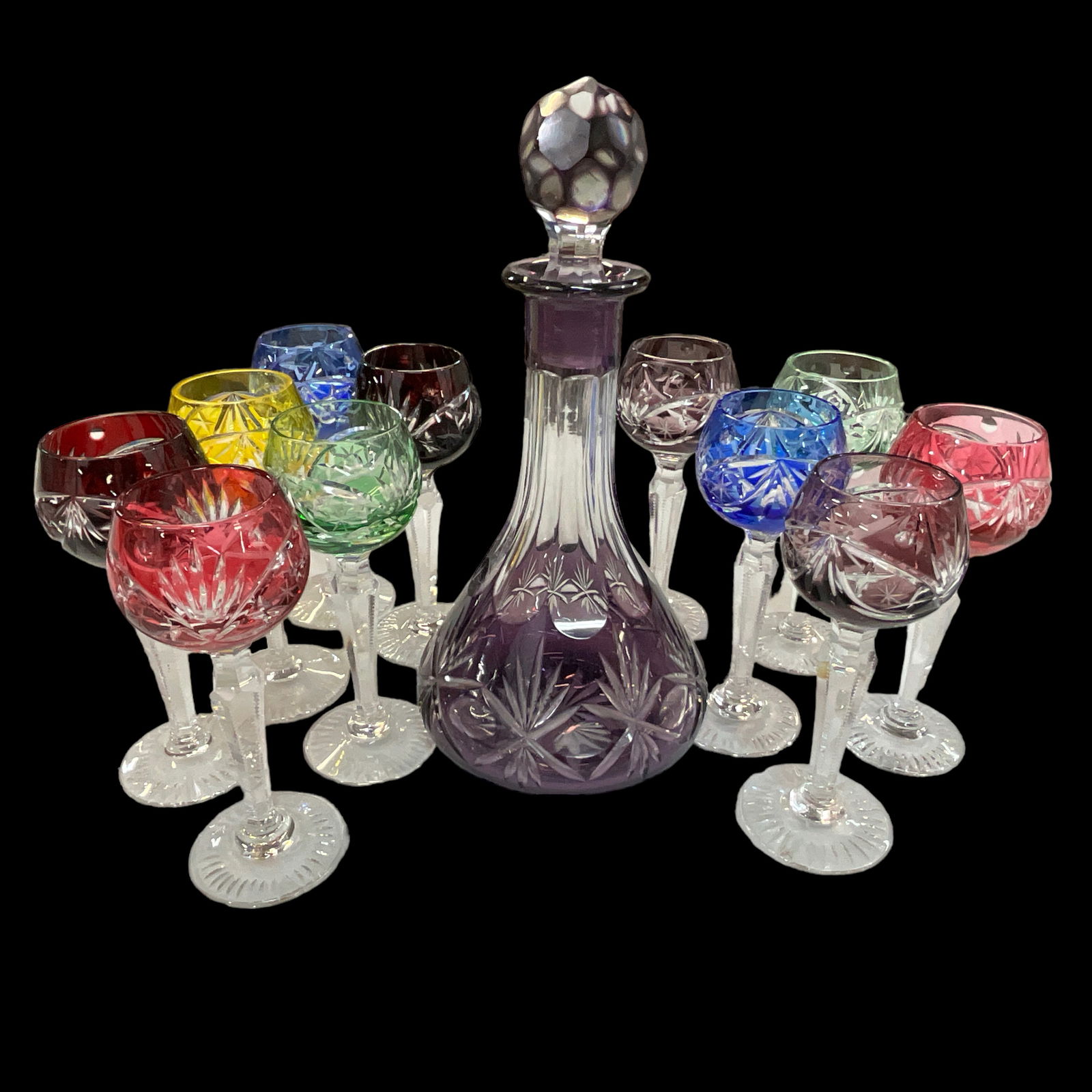 Hand Cut Crystal Decanter w/Stopper and 11 Stemware Glasses (lot of 12) (1 of 6)