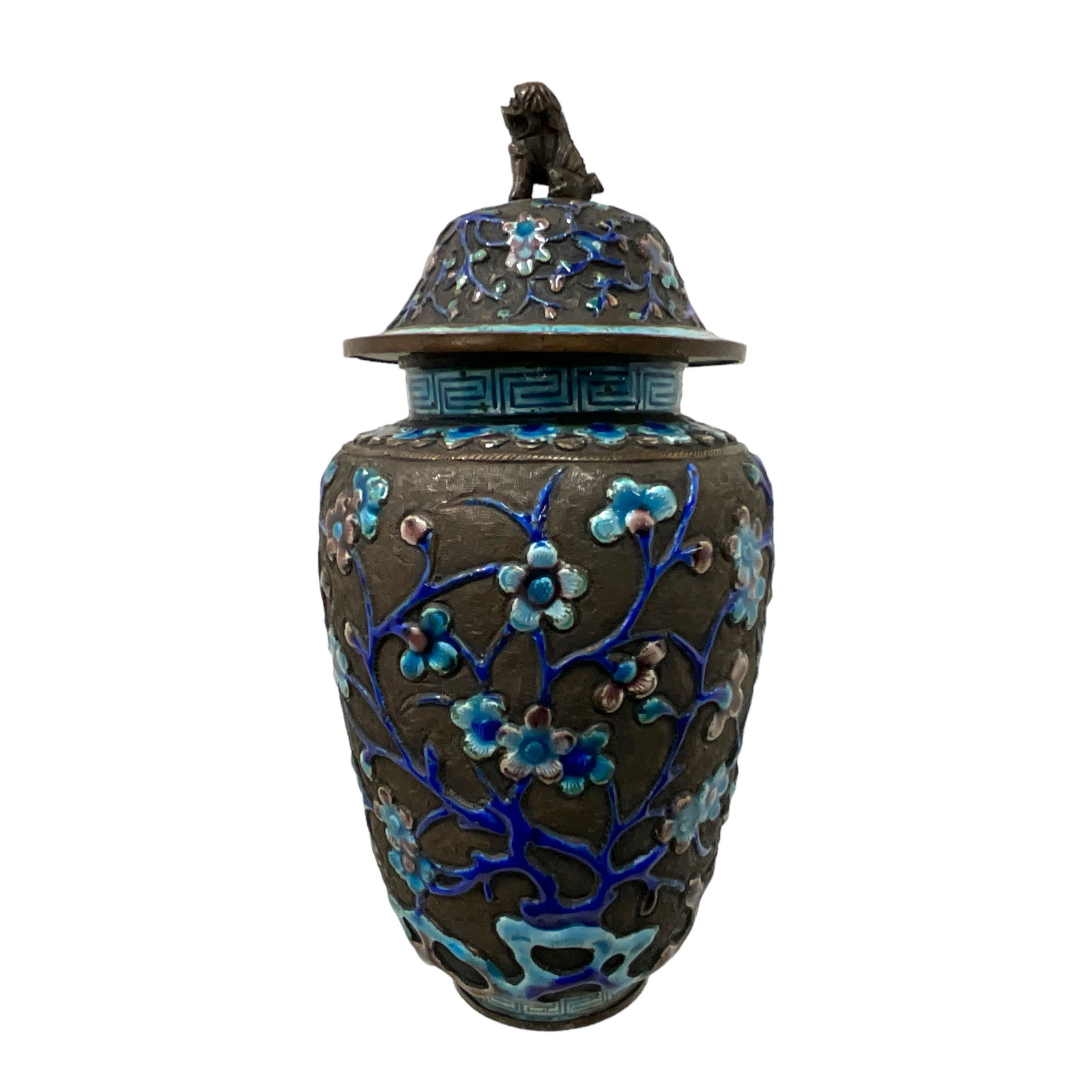 Oriental Jar with Foo Dog on Lid, Painted Enamel on Copper; China (1 of 4)