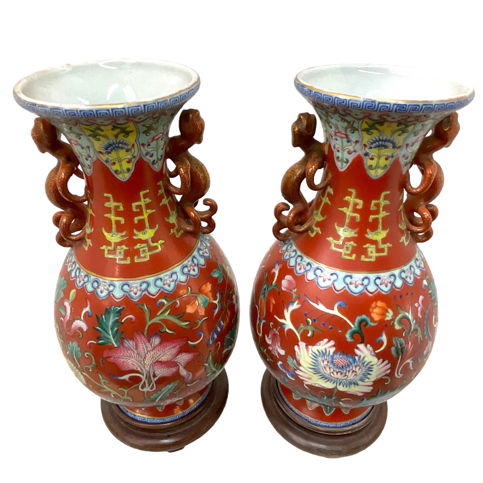 Porcelain Red Dragon Vase with Wood Stand, Pair, Chinese Marked (lot of 2) (1 of 14)