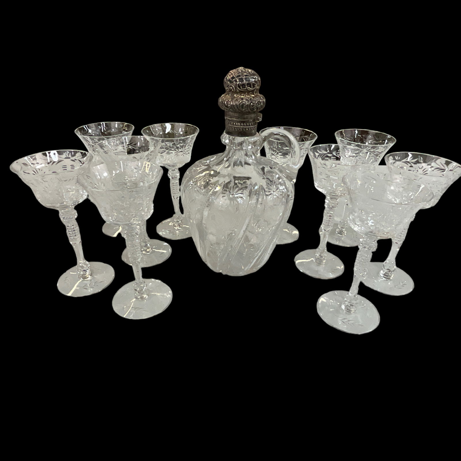 Cut Crystal Decanter w/Sterling Stopper and 11 Stemware glasses (lot of 12) (1 of 5)