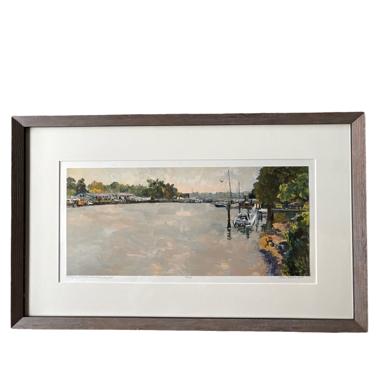 "An Early, Early Autumn Day, Kalamazoo River, Saugatuck" Color Reproduction by James Brandess: 2007 color reproduction by James Brandess. Numbered 17 of 5000 prints. Signed and dated. Approx. 17 1/4"x28" OA; 8 3/4"x19 3/4" SS. Part of Saugatuck/Douglas Art Collection.