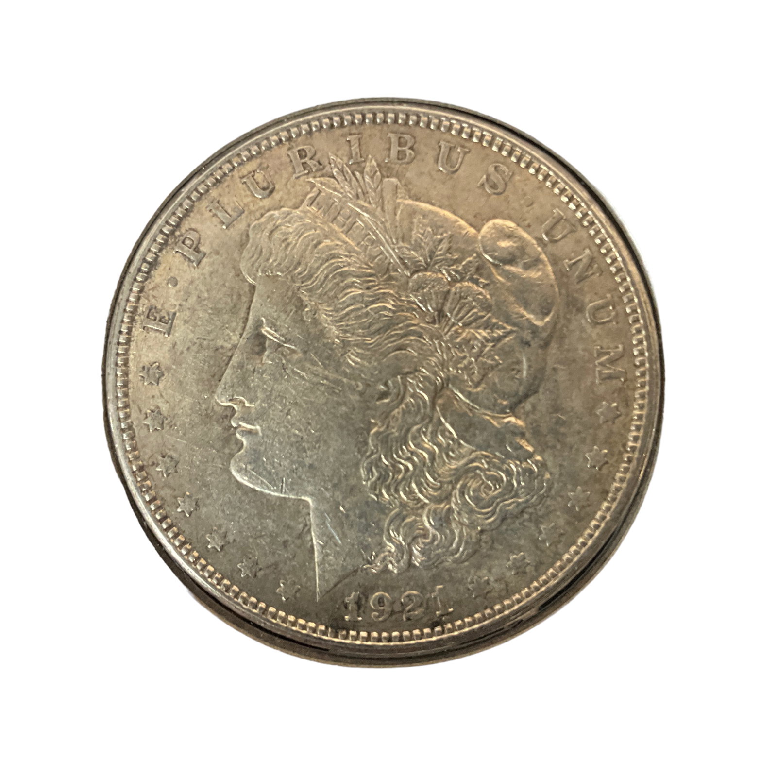 1921 US Morgan Silver Dollar, Grade VG: 1921 Morgan Silver Dollar (no mint). Grade: VG