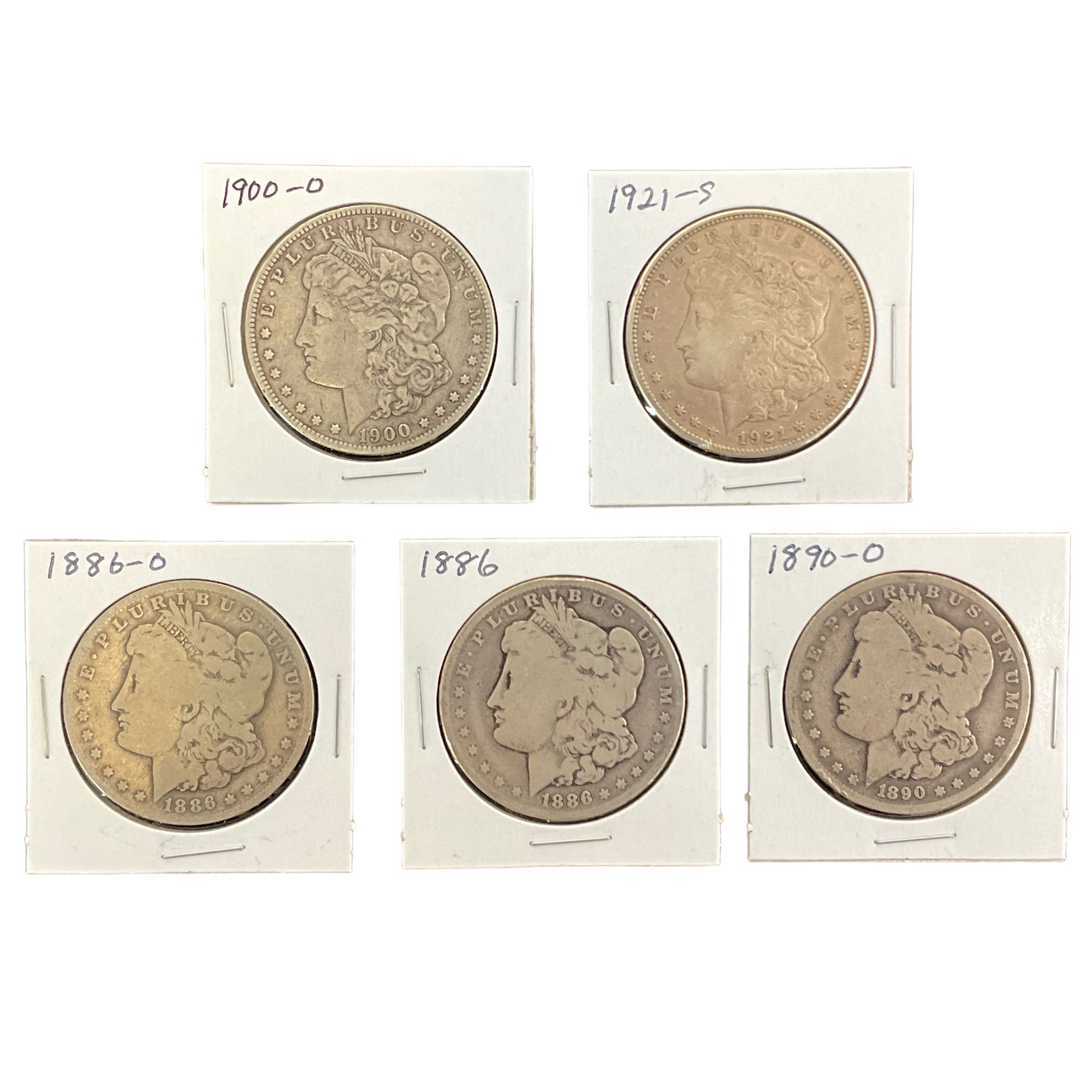 1886, 1886-O, 1890, 1900-O, 1921-S US Morgan Silver Dollars, Lot of 5, Grade G (1 of 11)