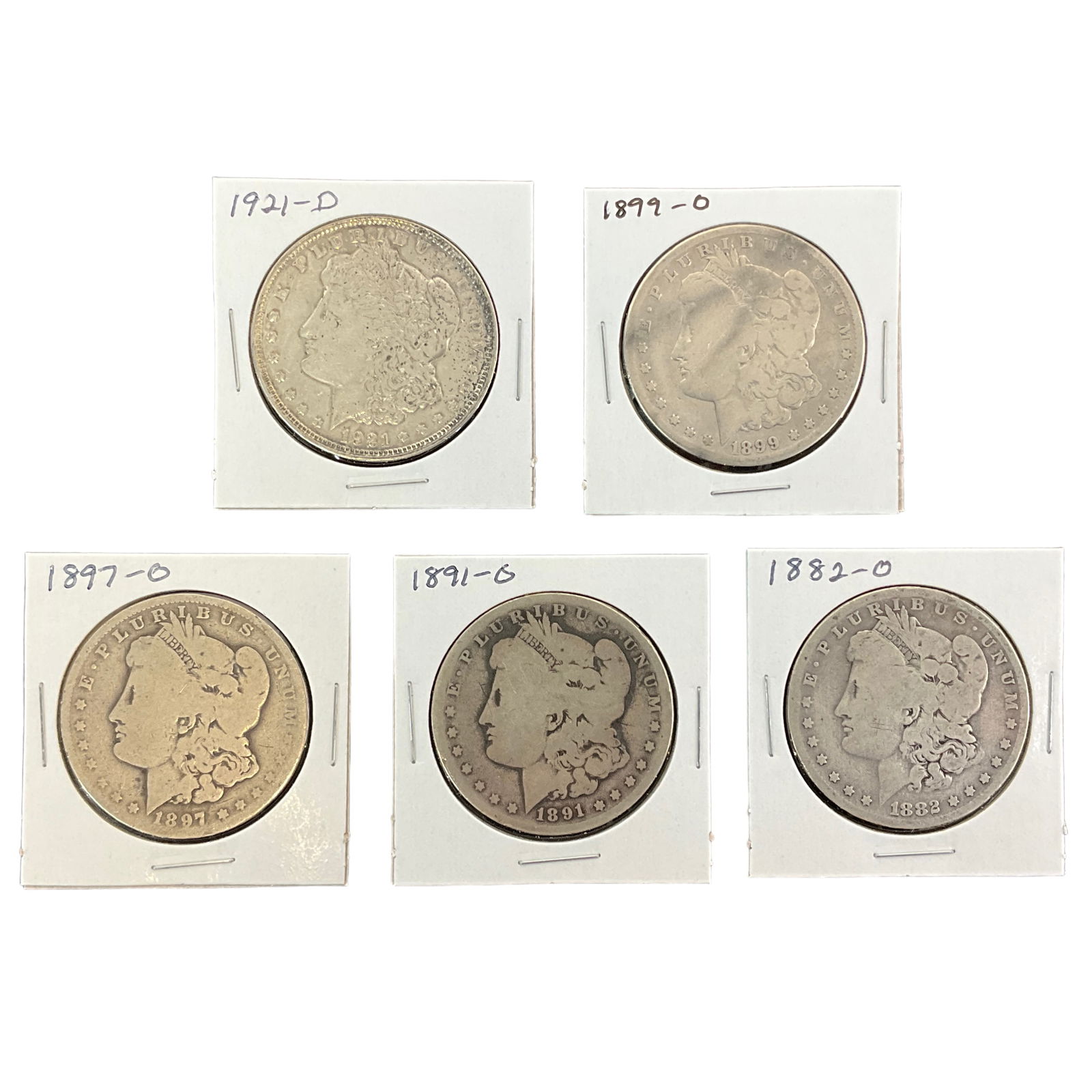 1882-O, 1891-O, 1897-O, 1899-O, 1921-D US Morgan Silver Dollars, Lot of 5, Grade G (1 of 11)