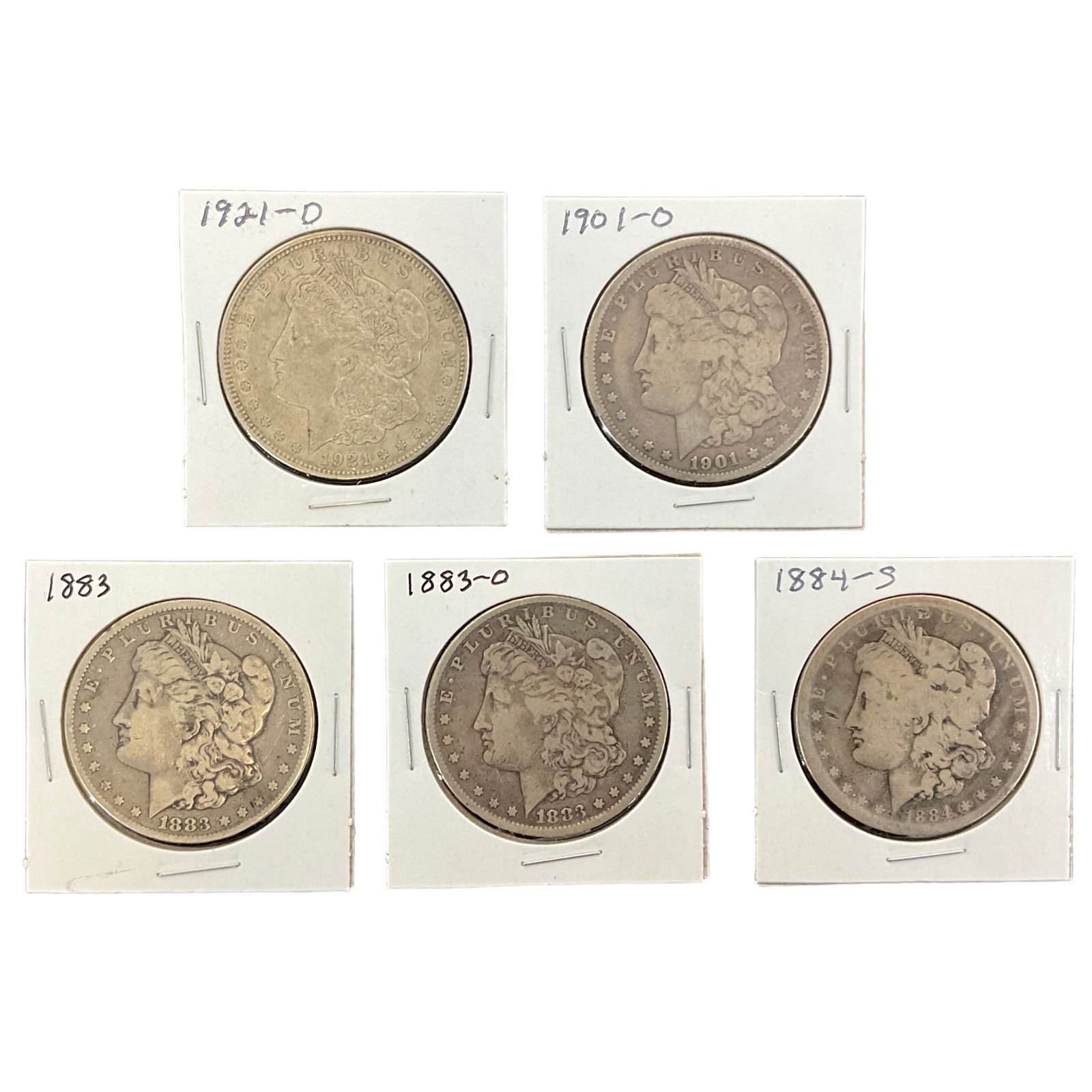 1883, 1883-O, 1884-S, 1901-O, 1921-O US Morgan Silver Dollars, Lot of 5, Grade G (1 of 11)