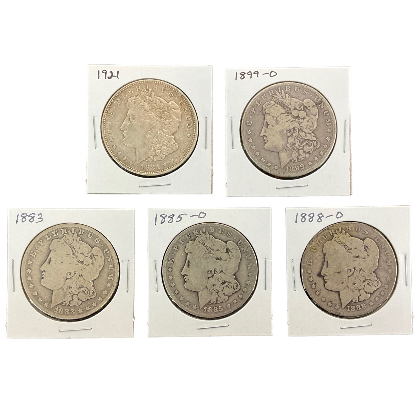 1883, 1885-O, 1888-O, 1899-O, 1921 US Morgan Silver Dollars, Lot of 5, Grade G (1 of 11)