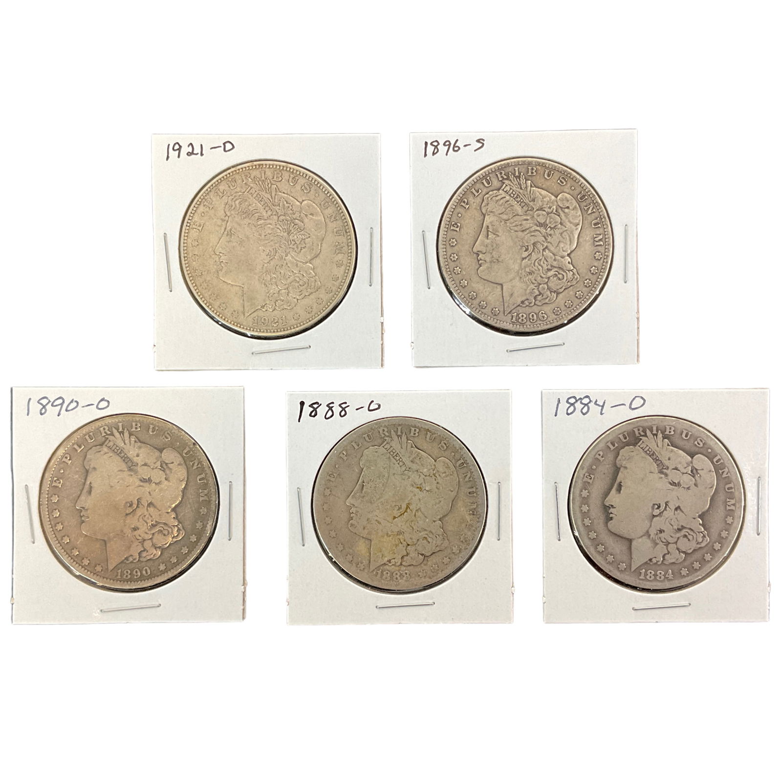 1884-O, 1888-O, 1890-O, 1896-S, 1921-D US Morgan Silver Dollars, Lot of 5, Grade G (1 of 11)