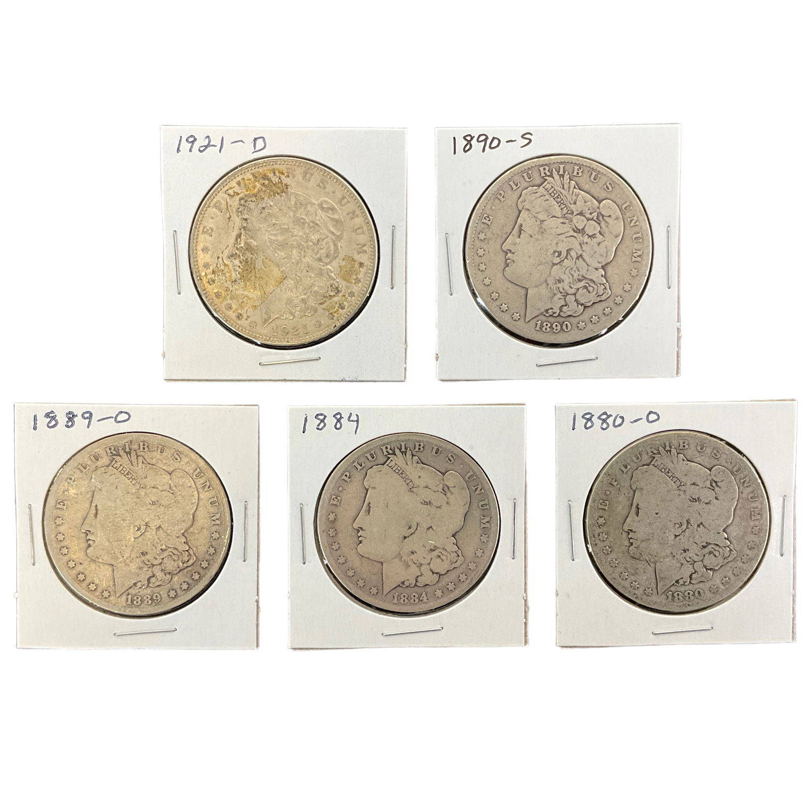 1880-O, 1884, 1889-O, 1890-S, 1921-D US Morgan Silver Dollars, Lot of 5, Grade G (1 of 11)