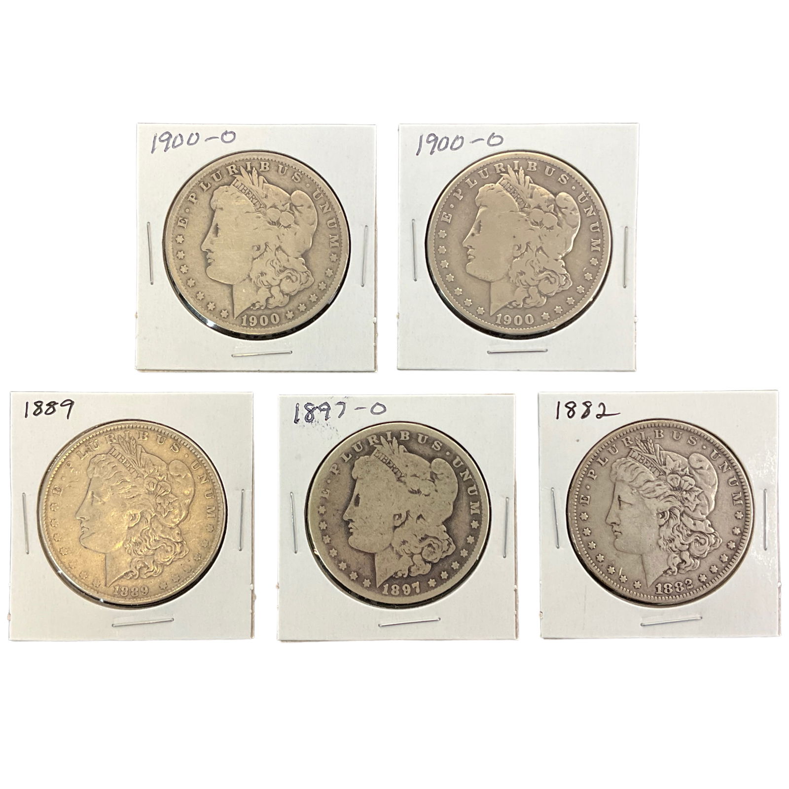 1882, 1889, 1897-O, 1900-O US Morgan Silver Dollars, Lot of 5, Grade G (1 of 11)