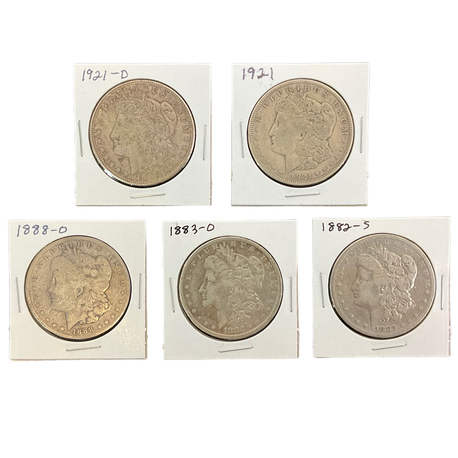 1882-S, 1883-O, 1888-O, 1921, 1921-D US Morgan Silver Dollars, Lot of 5, Grade G (1 of 11)