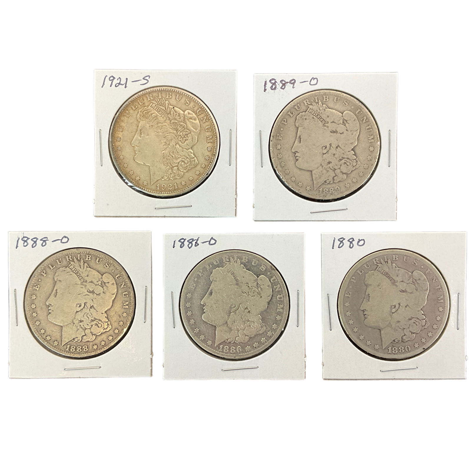 1880, 1886-O, 1888-O, 1889-O, 1921-S US Morgan Silver Dollars, Lot of 5, Grade G (1 of 11)