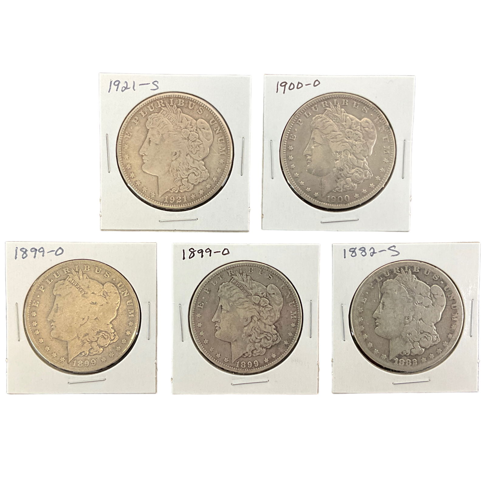 1882-S, 1899-O, 1900-O, 1921-S US Morgan Silver Dollars, Lot of 5, Grade G (1 of 10)