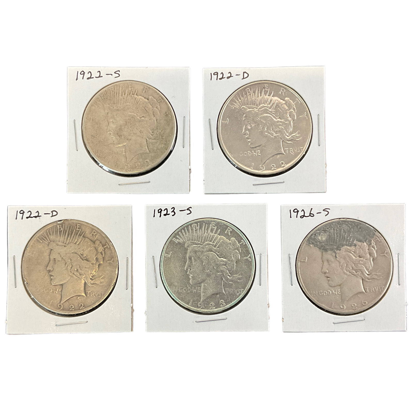 1922-S, 1922-D, 1923-S, 1926-S US Peace Silver Dollars, Lot of 5, Grade G (1 of 11)