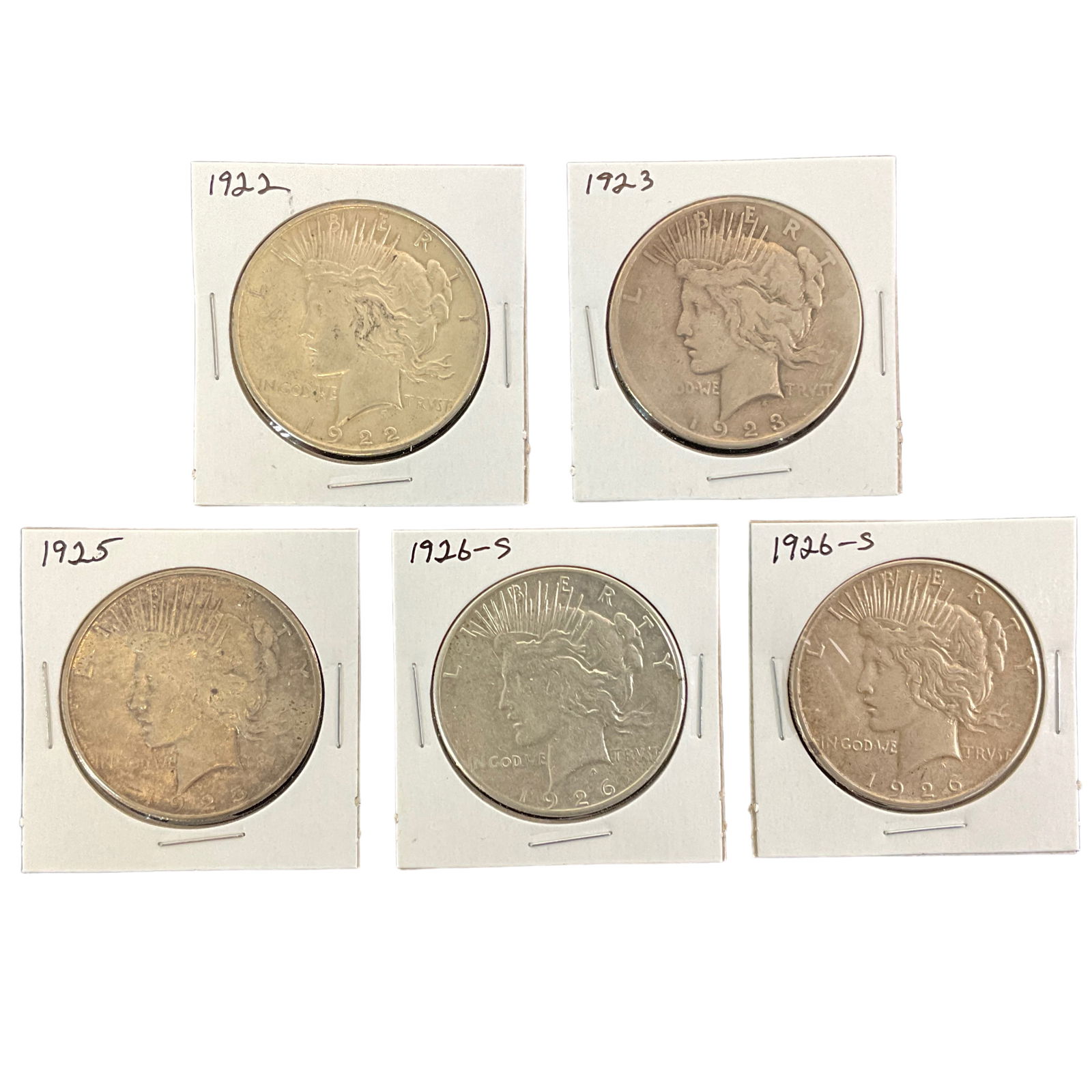 1922, 1923, 1925, 1926-S US Peace Silver Dollars, Lot of 5, Grade G (1 of 11)