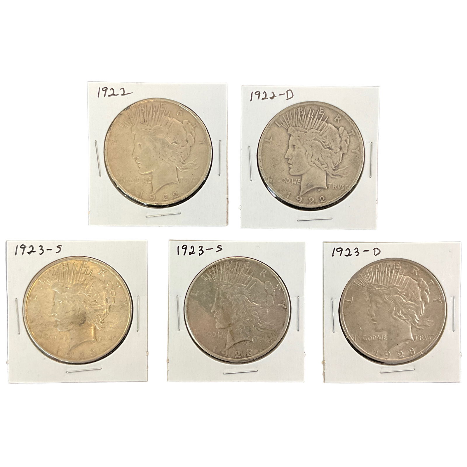 1922, 1922-D, 1923-S, 1923-D US Peace Silver Dollars, Lot of 5, Grade G (1 of 11)
