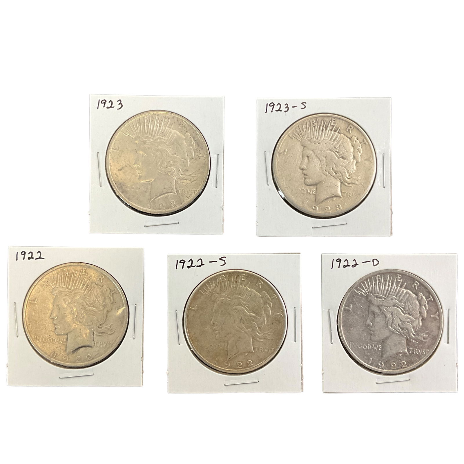 1922, 1922-D, 1922-S, 1923, 1923-S US Peace Silver Dollars, Lot of 5, Grade G (1 of 11)