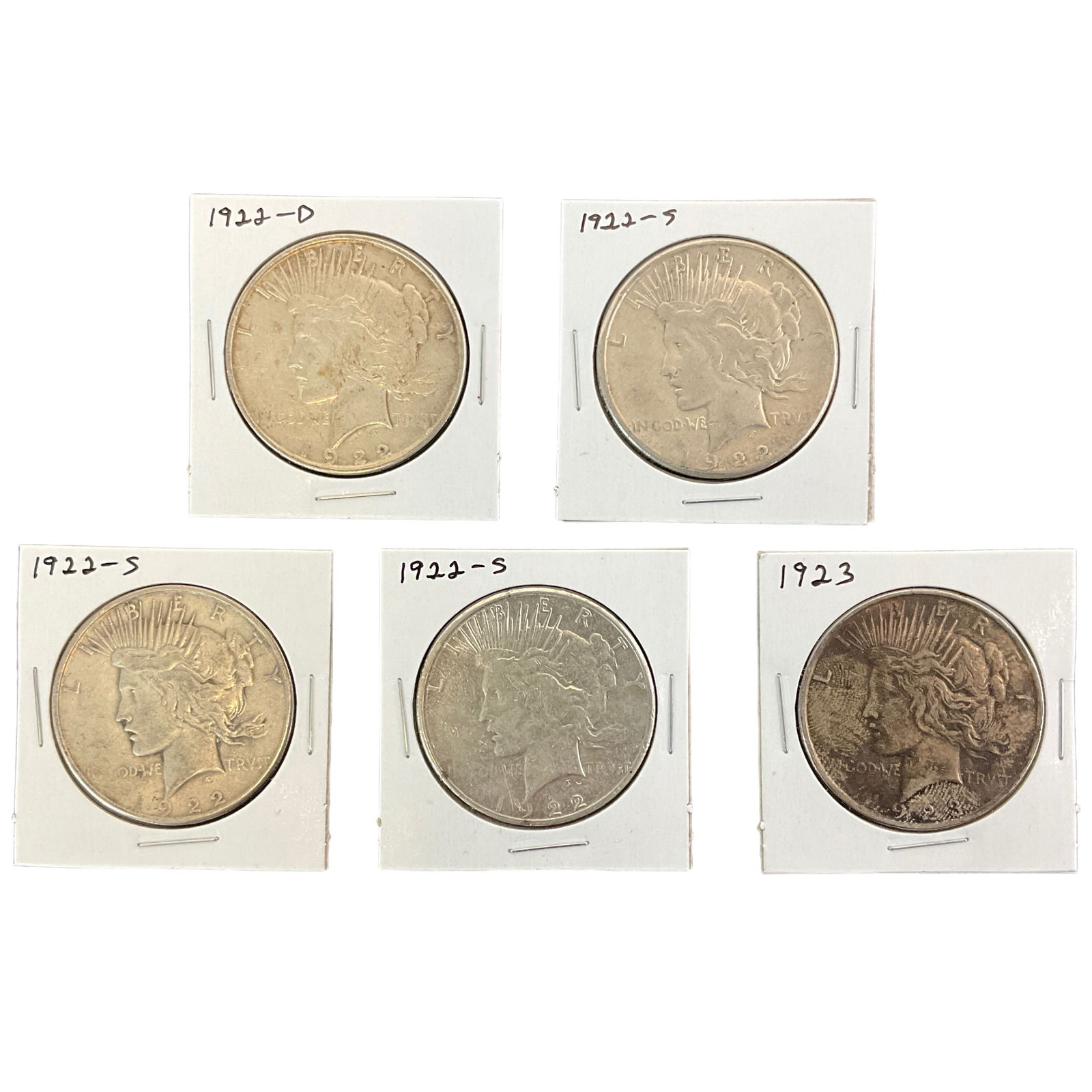 1922-D, 1922-S, 1923 US Peace Silver Dollars, Lot of 5, Grade G (1 of 11)