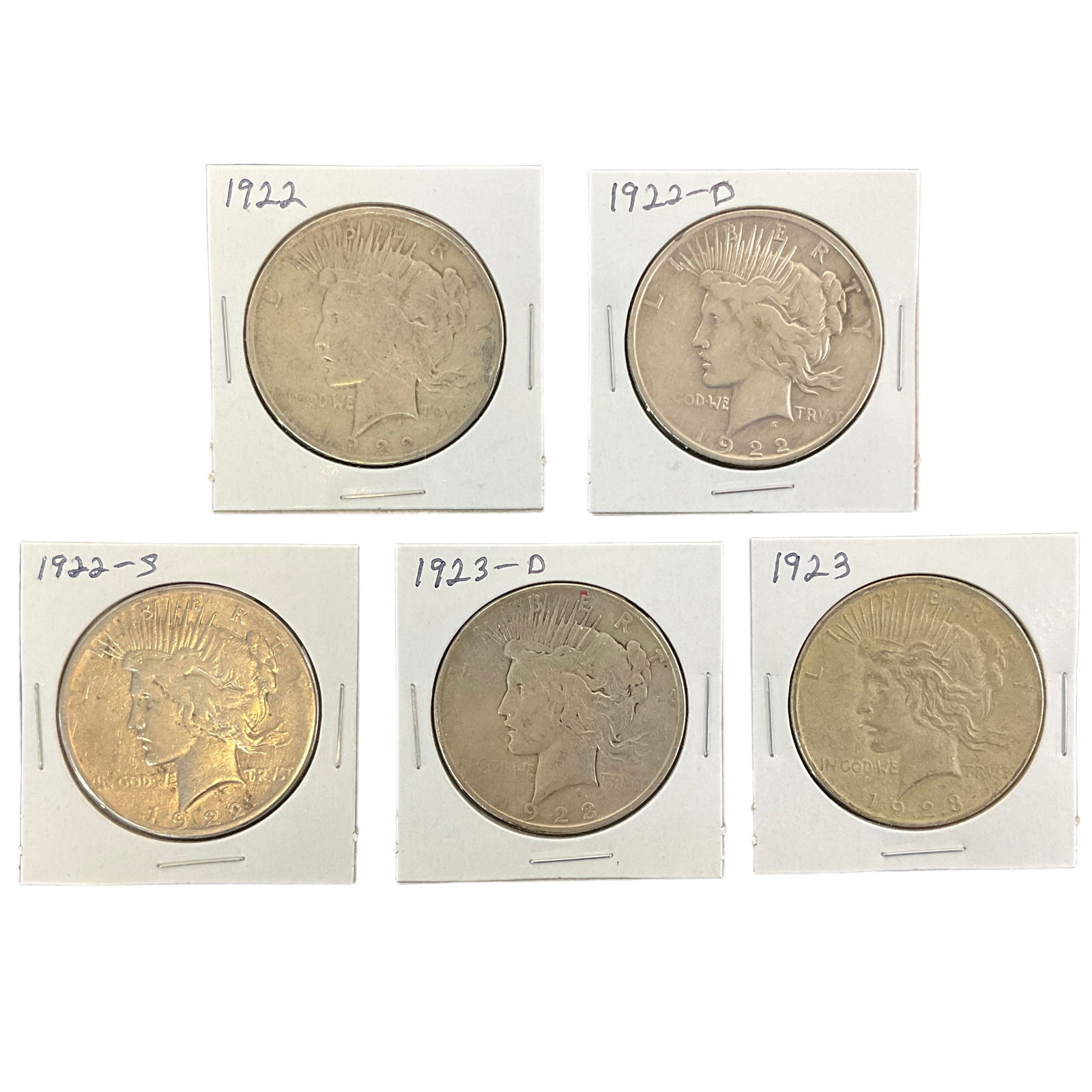 1922, 1922-D, 1922-S, 1923, 1923-D US Peace Silver Dollars, Lot of 5, Grade G (1 of 11)