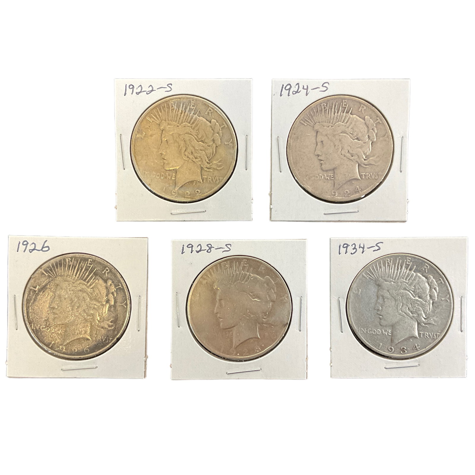 1922-S, 1924-S, 1926, 1828-S, 1934-S US Peace Silver Dollars, Lot of 5, Grade G (1 of 11)