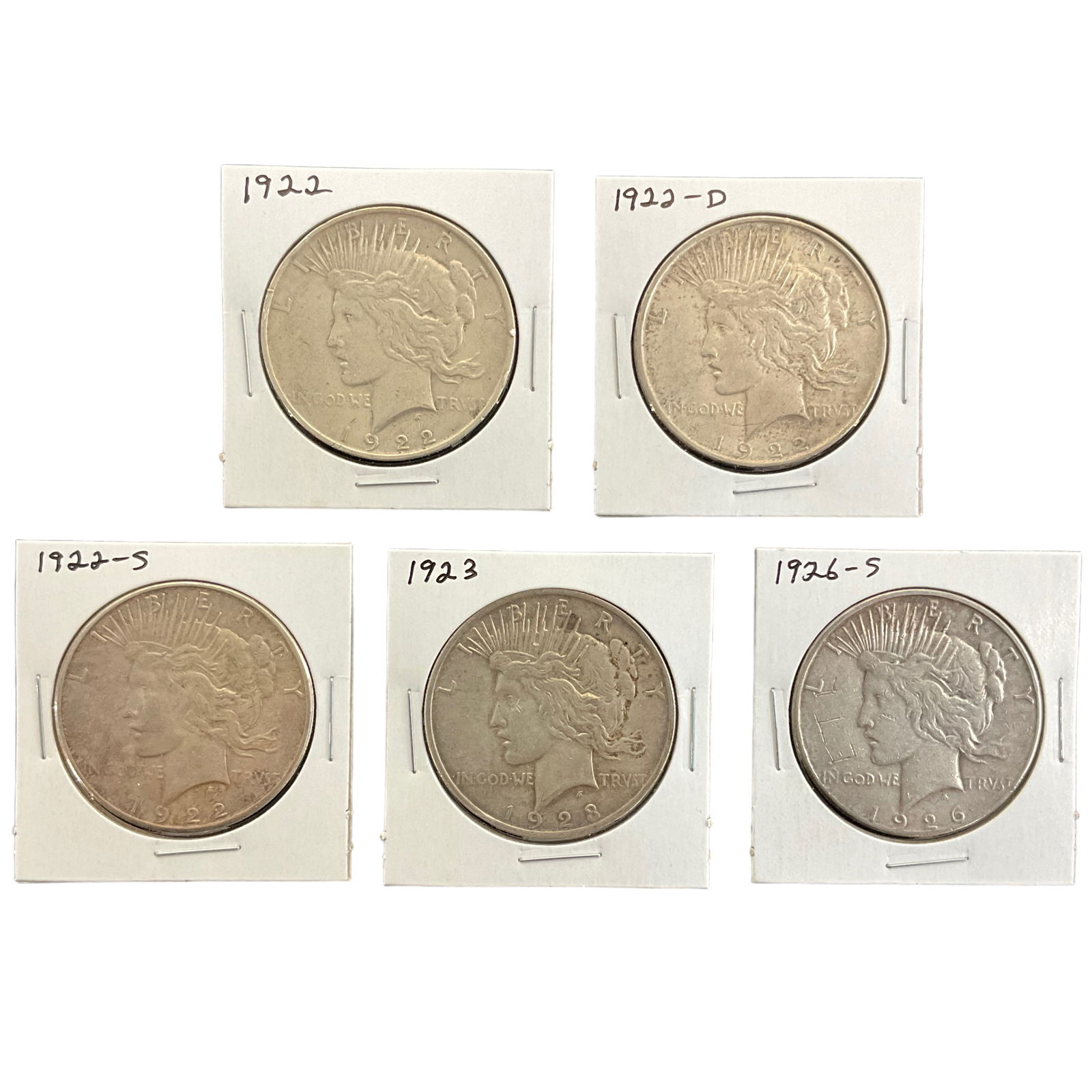 1922, 1922-D, 1922-S, 1923, 1923-S US Peace Silver Dollars, Lot of 5, Grade G (1 of 11)