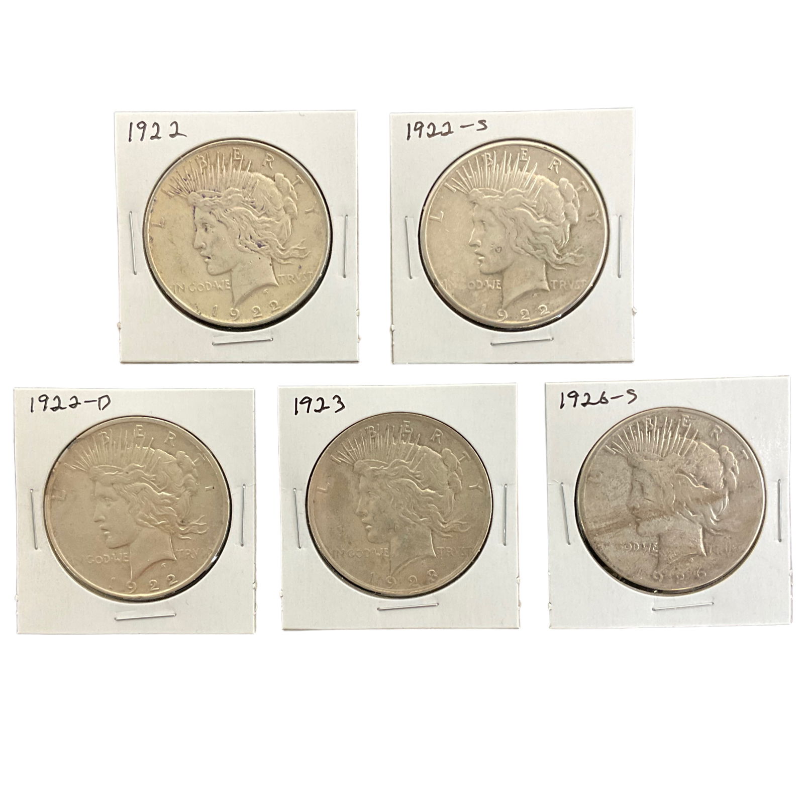 1922, 1922-D, 1922-S, 1923, 1926-S US Peace Silver Dollars, Lot of 5, Grade G (1 of 11)
