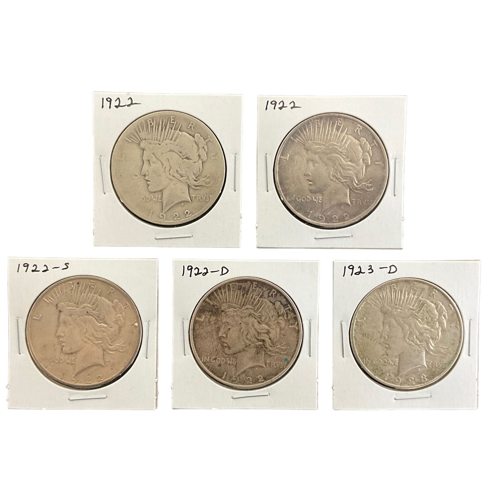 1922, 1922-D, 1922-S, 1923-D US Peace Silver Dollars, Lot of 5, Grade G (1 of 11)