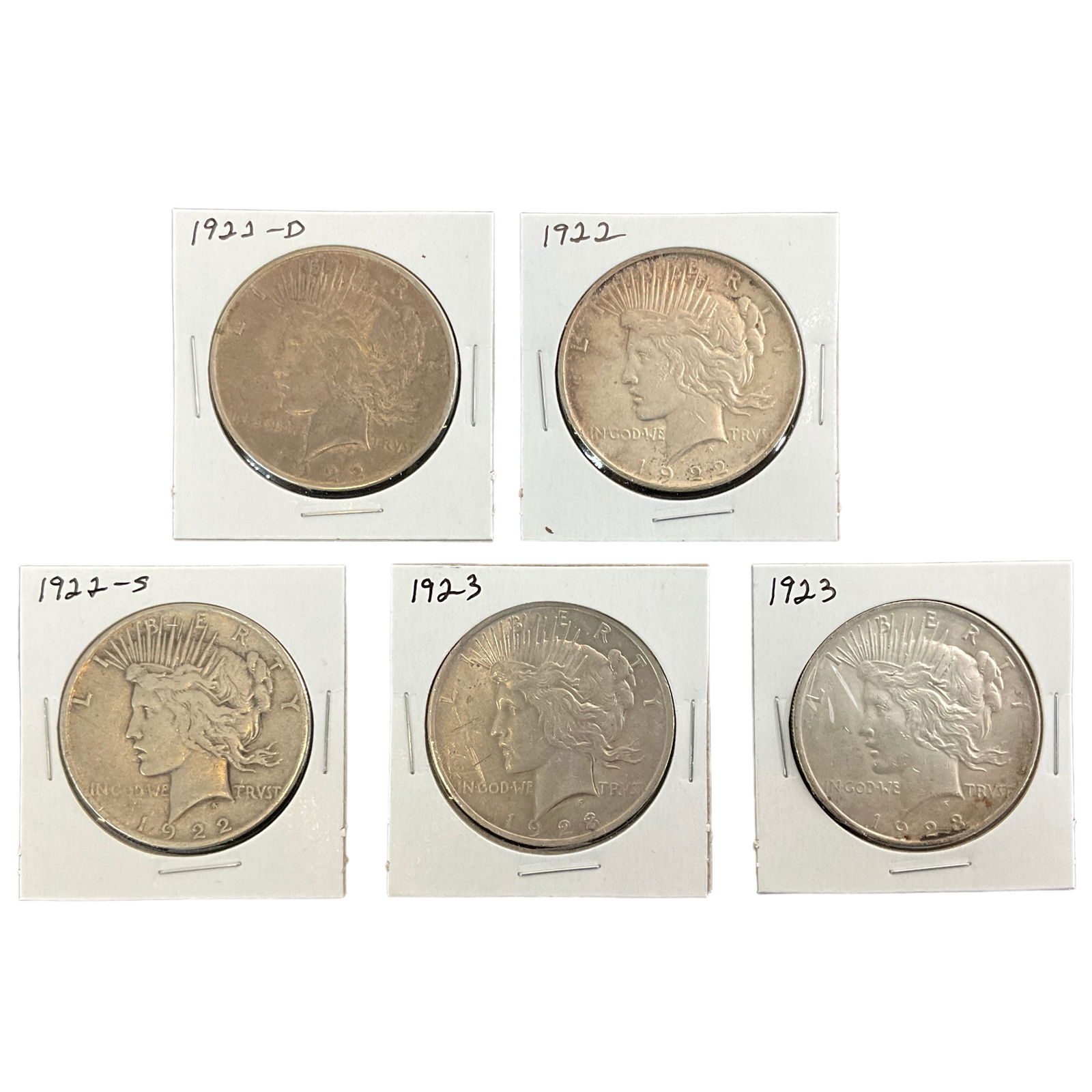 1922, 1922-D, 1922-S, 1923 US Peace Silver Dollars, Lot of 5, Grade G (1 of 11)