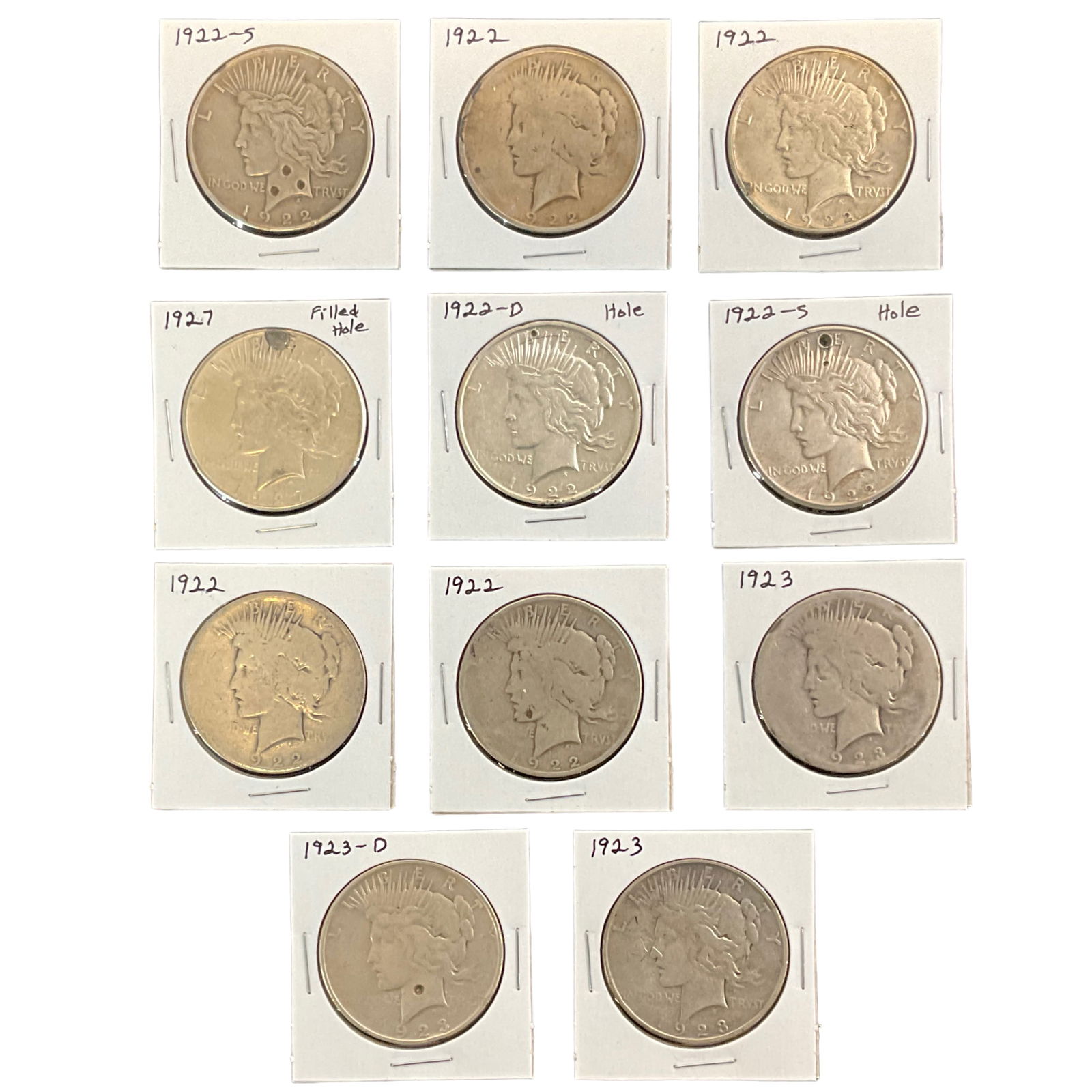1922, 1923, 1927 US Peace Silver Dollars, Lot of 11- Fair Condition (1 of 9)