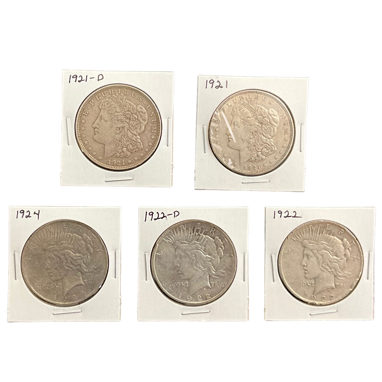 1921, 1921-D, 1922, 1922-D, 1924 US Morgan and Peace Silver Dollars, Lot of 5, Grade G (1 of 11)