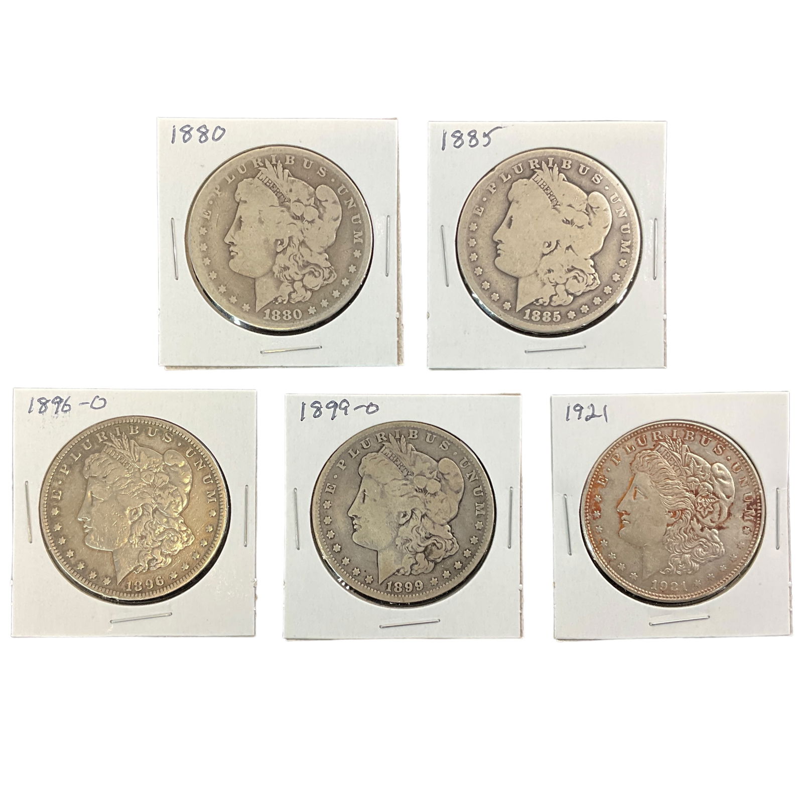 1880, 1885, 1896-O, 1899-O, 1921 US Morgan Silver Dollars, Lot of 5, Grade G (1 of 11)