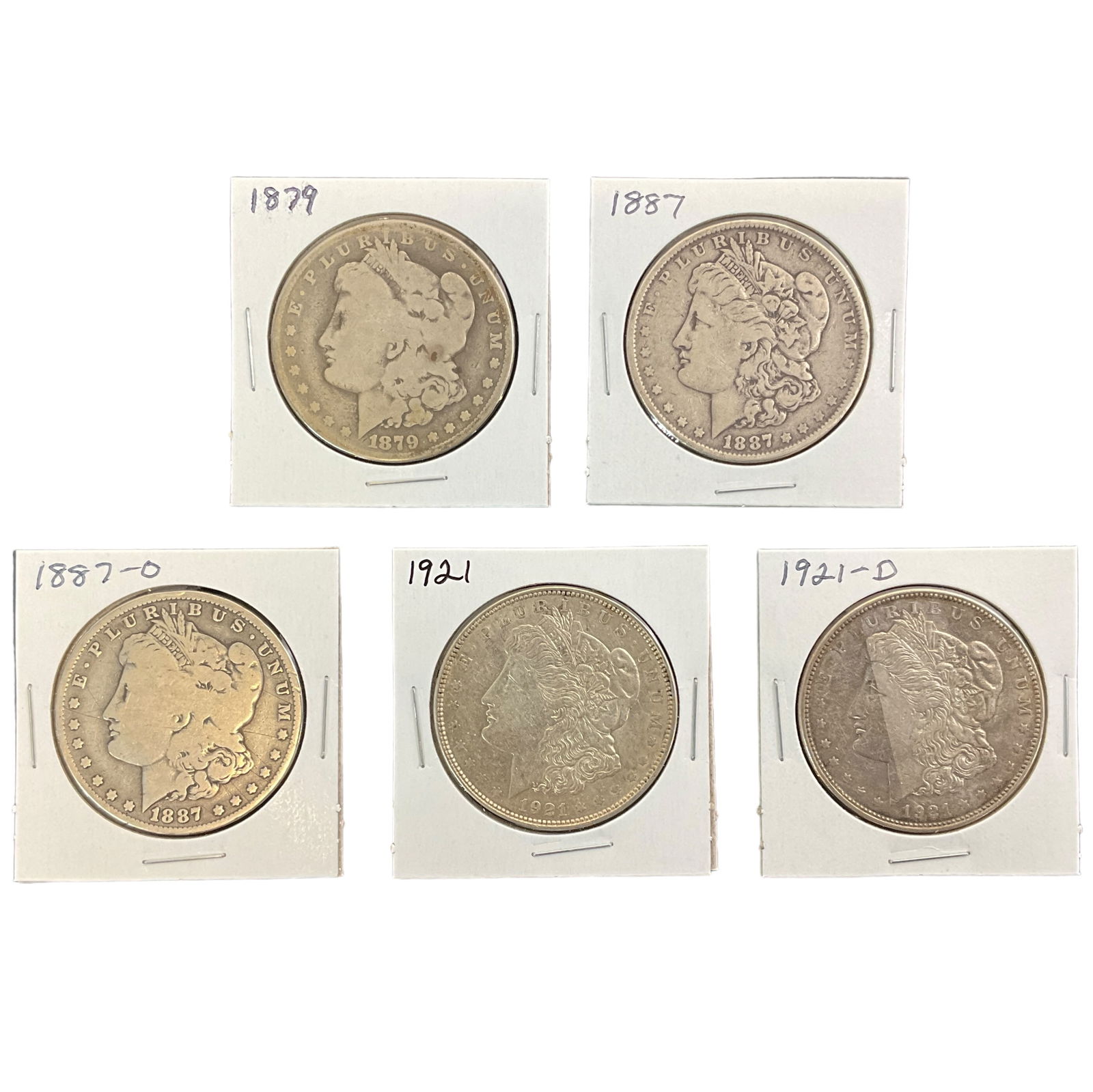 1879, 1887, 1887-O, 1921, 1921-D US Morgan Silver Dollars, Lot of 5, Grade G (1 of 11)