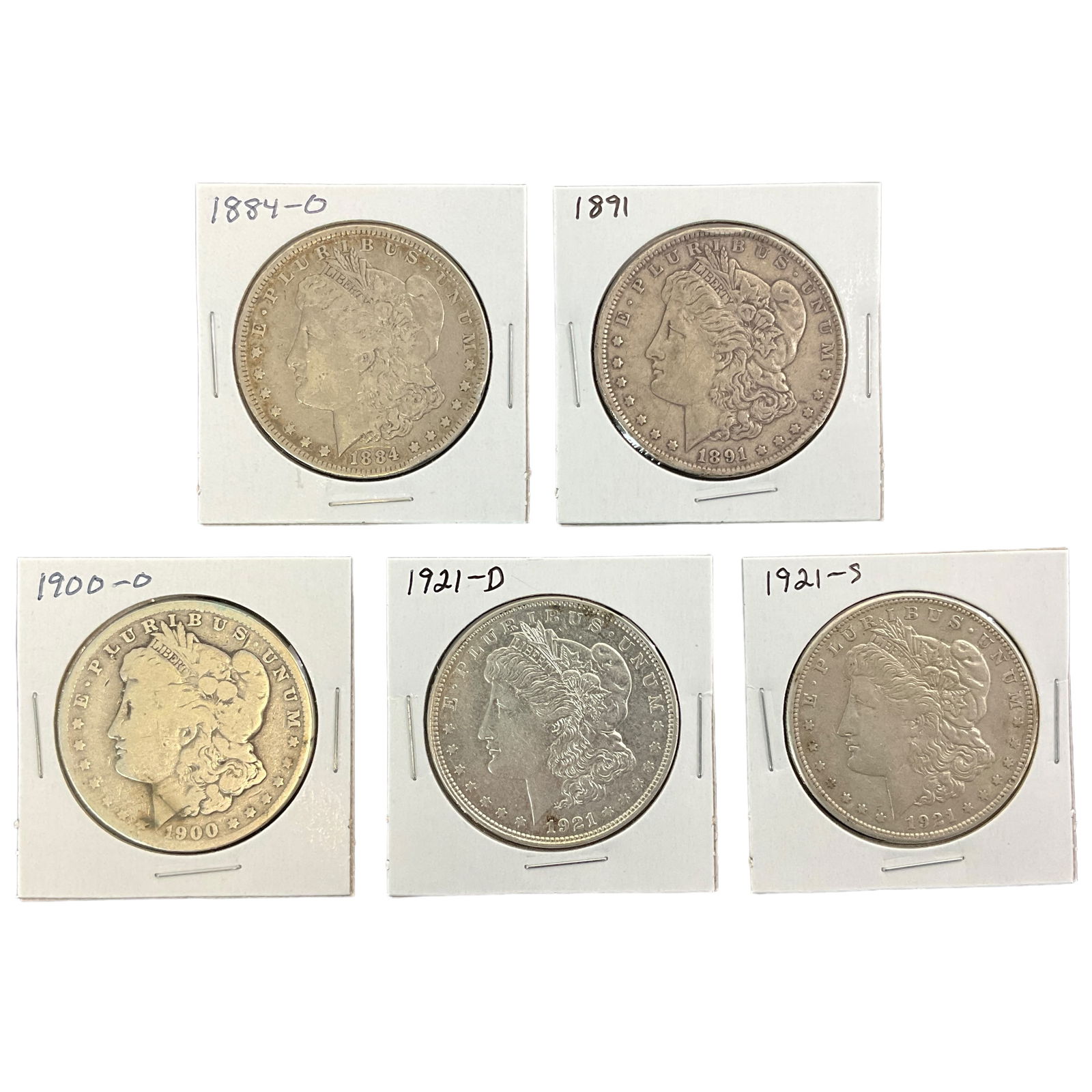1884-O, 1891, 1900-O, 1921-D, 1921-S US Morgan Silver Dollars, Lot of 5, Grade G (1 of 11)