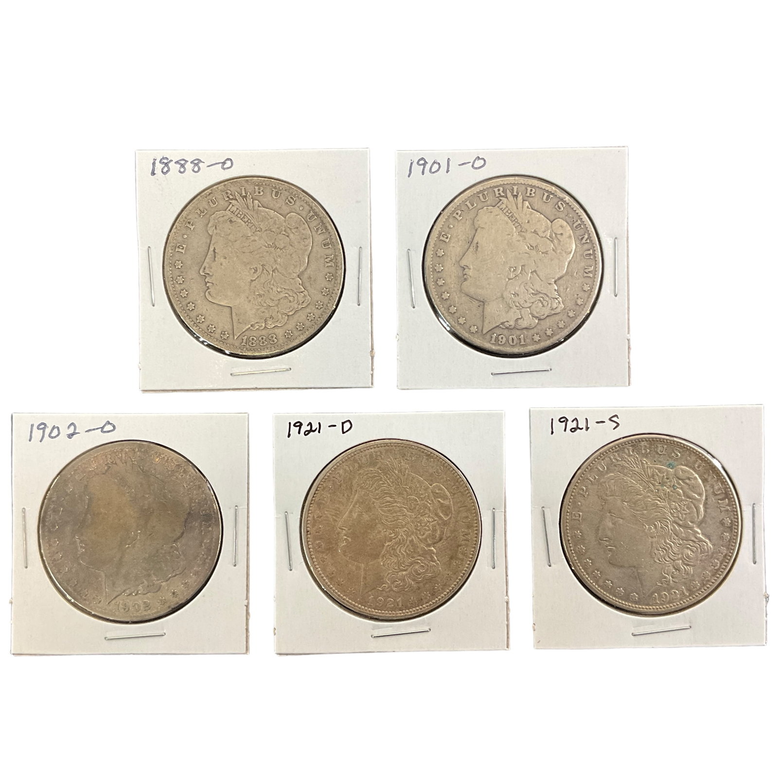 1888-O, 1901-O, 1902-O, 1921-D, 1921-S US Morgan Silver Dollars, Lot of 5, Grade G (1 of 11)