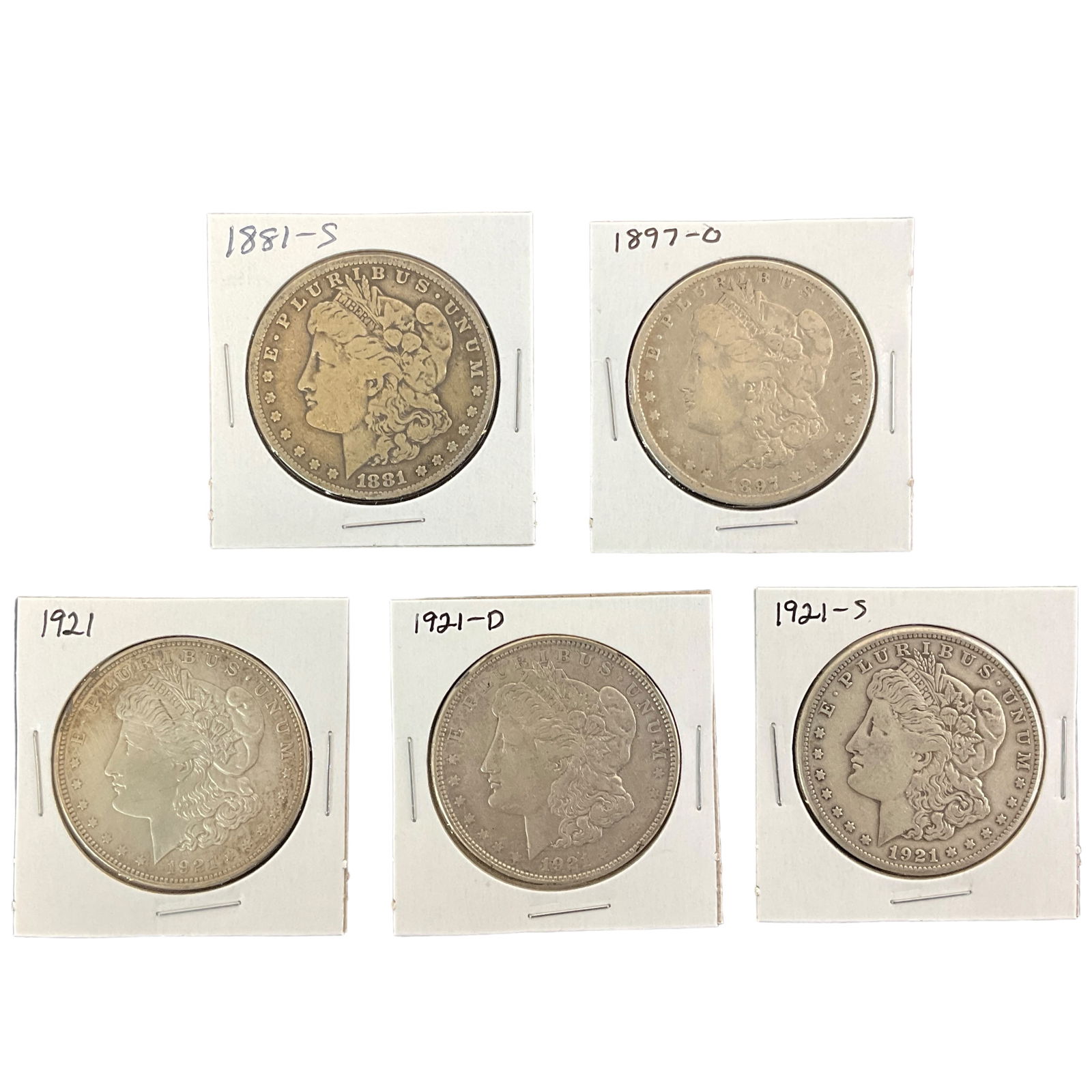 1881-S, 1897-O, 1921, 1921-D, 1921-S US Morgan Silver Dollars, Lot of 5, Grade G (1 of 11)