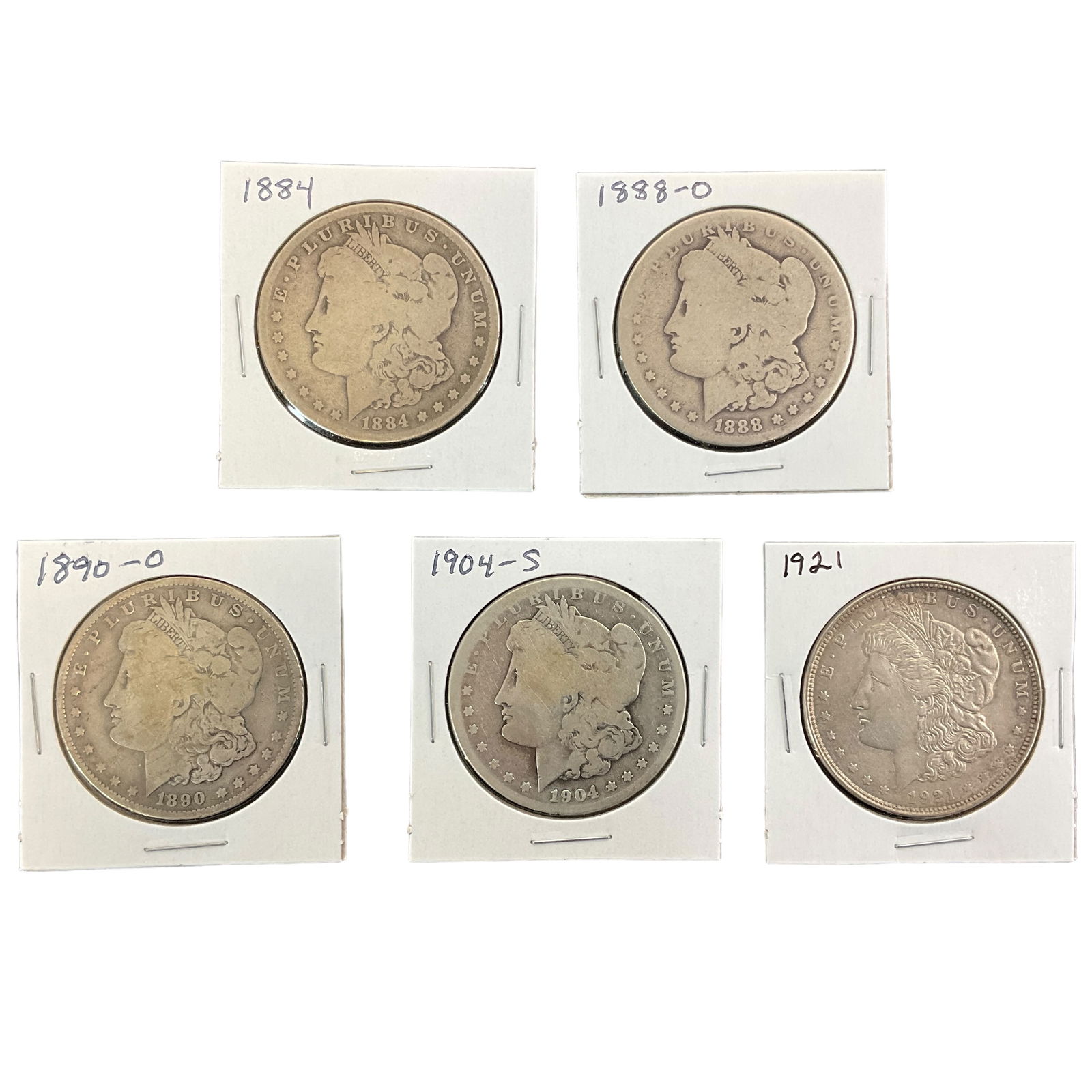 1884, 1888-O, 1890-O, 1894-S, 1921 US Morgan Silver Dollars, Lot of 5, Grade G (1 of 11)