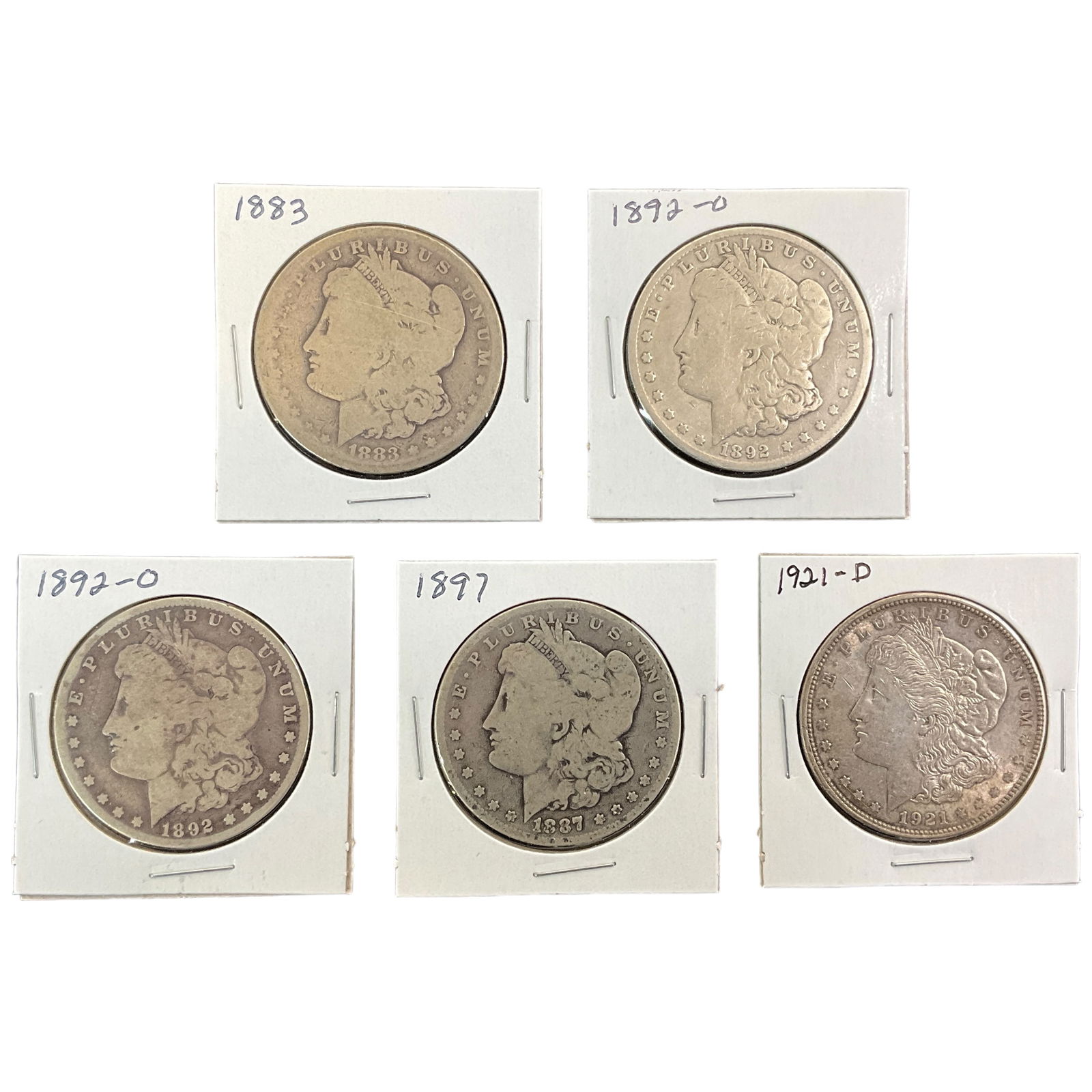 1883, 1892-O, 1897, 1921-D US Morgan Silver Dollars, Lot of 5, Grade G (1 of 11)