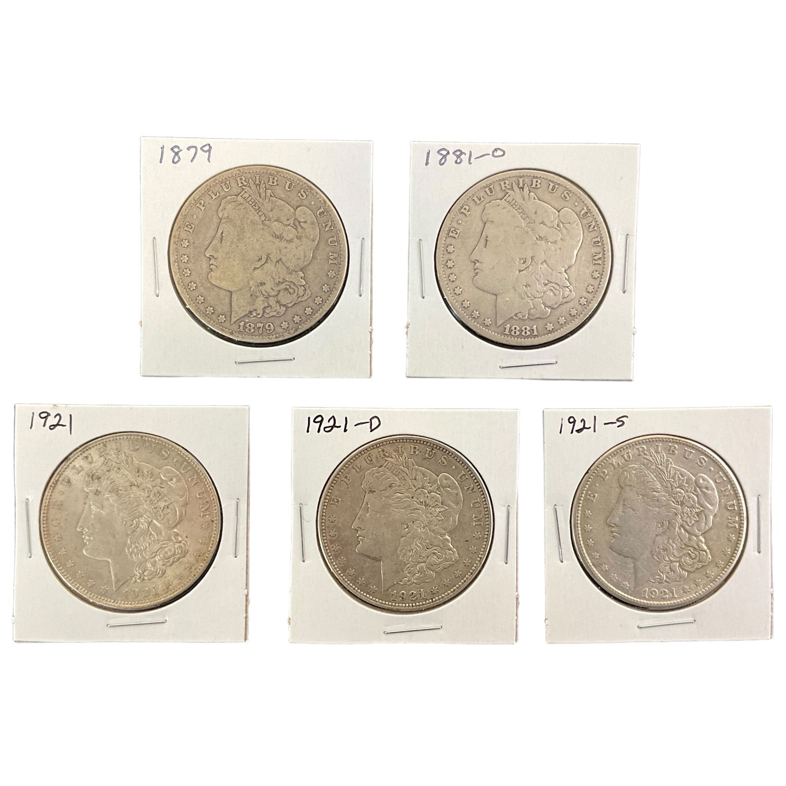 1879, 1881-O, 1921, 1921-D, 1921-S US Morgan Silver Dollars, Lot of 5, Grade G (1 of 11)