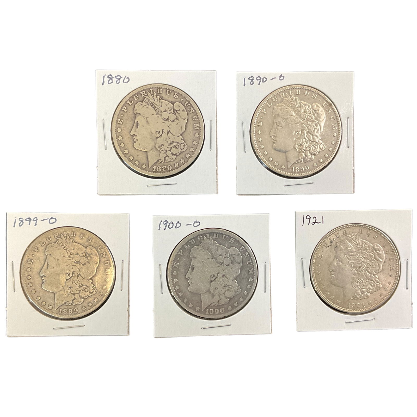 1880, 1890-O, 1899-O, 1900-O, 1921 US Morgan Silver Dollars, Lot of 5, Grade G (1 of 11)