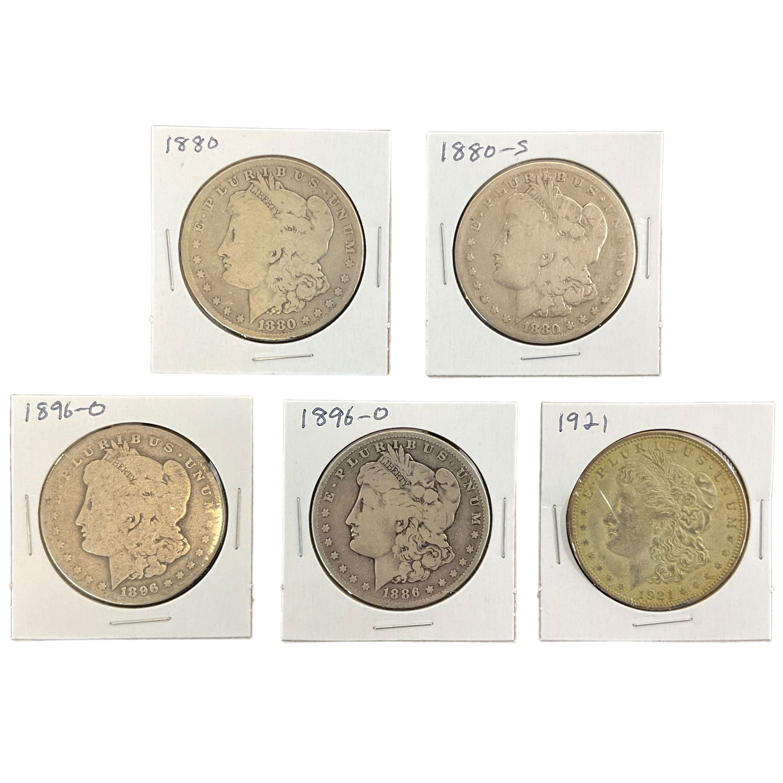 1880, 1880-S, 1896-O, 1921 US Morgan Silver Dollars, Lot of 5, Grade G (1 of 11)
