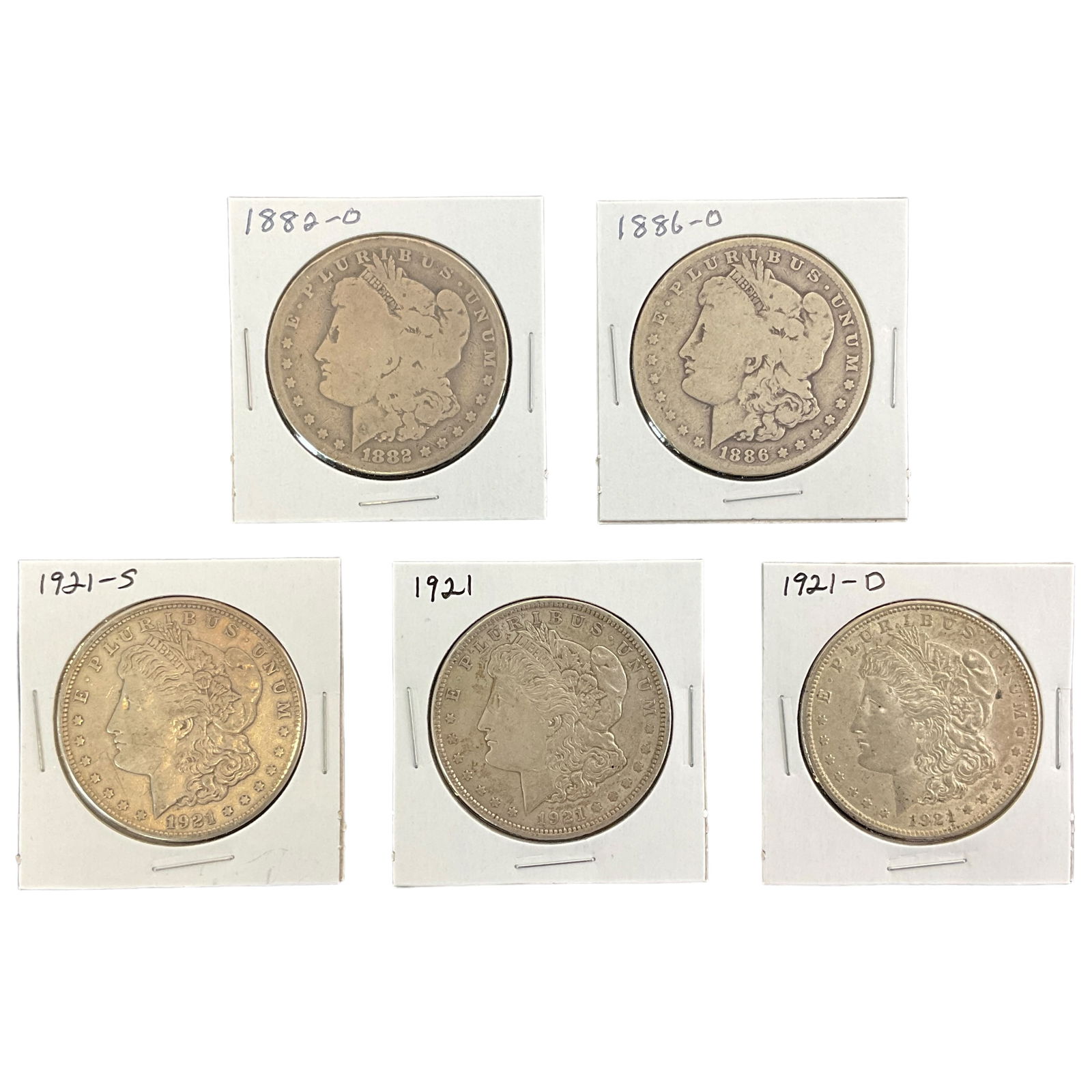 1882-O, 1886-O, 1921, 1921-D, 1921-S US Morgan Silver Dollars, Lot of 5, Grade G (1 of 11)