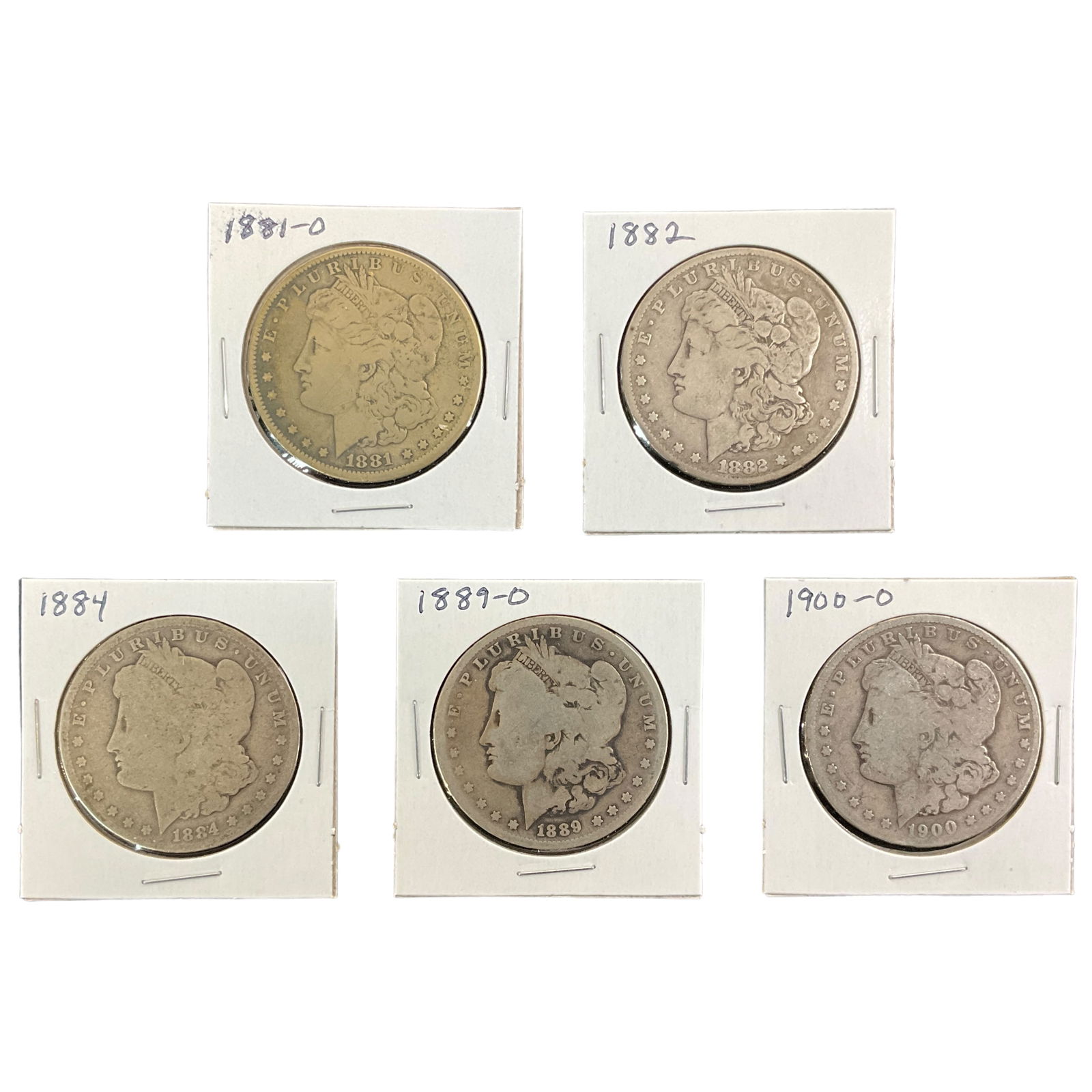 1881-O, 1882, 1884, 1889-O, 1900-O US Morgan Silver Dollars, Lot of 5, Grade G (1 of 11)