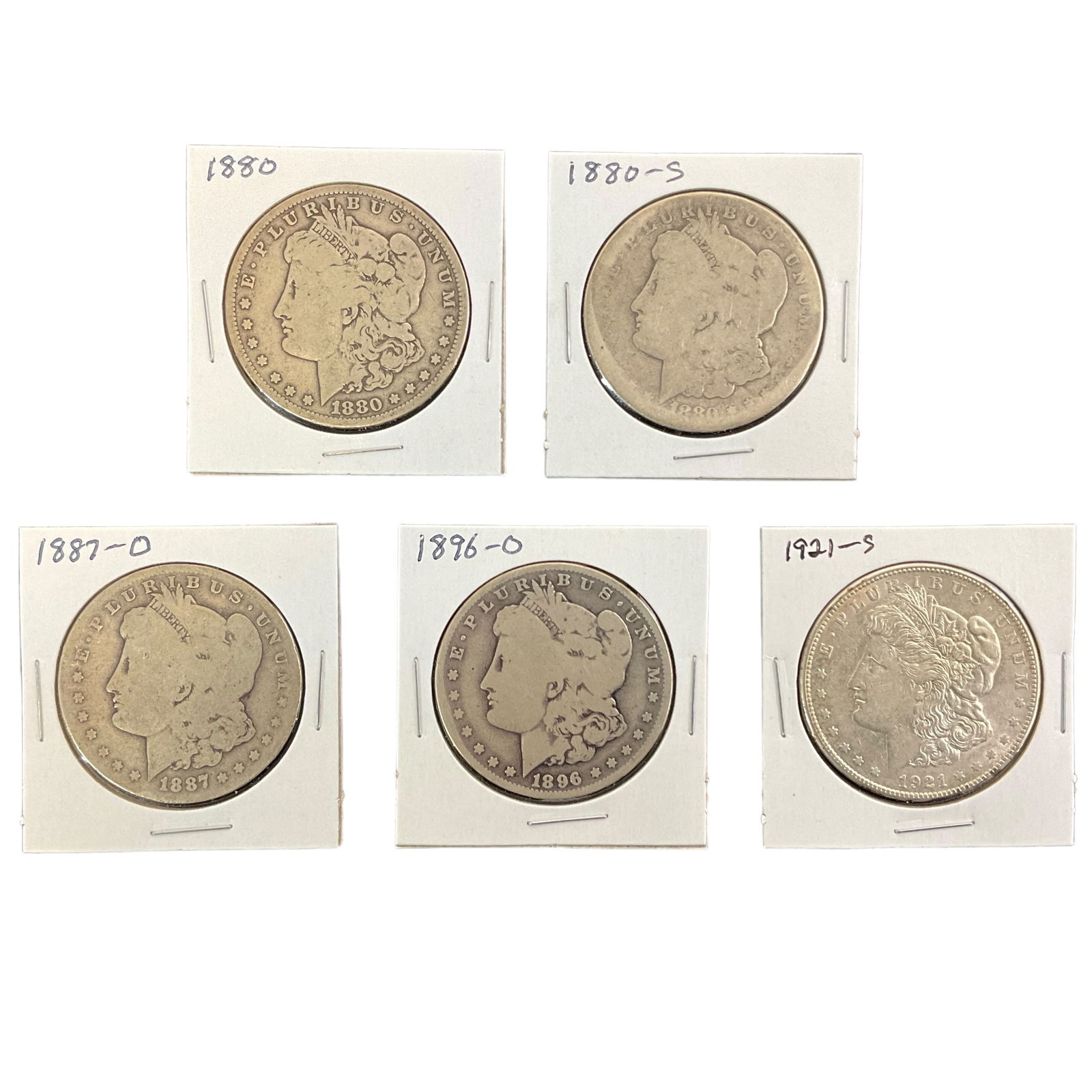 1880, 1880-S, 1887-O, 1896-O, 1921-S US Morgan Silver Dollars, Lot of 5, Grade G (1 of 11)