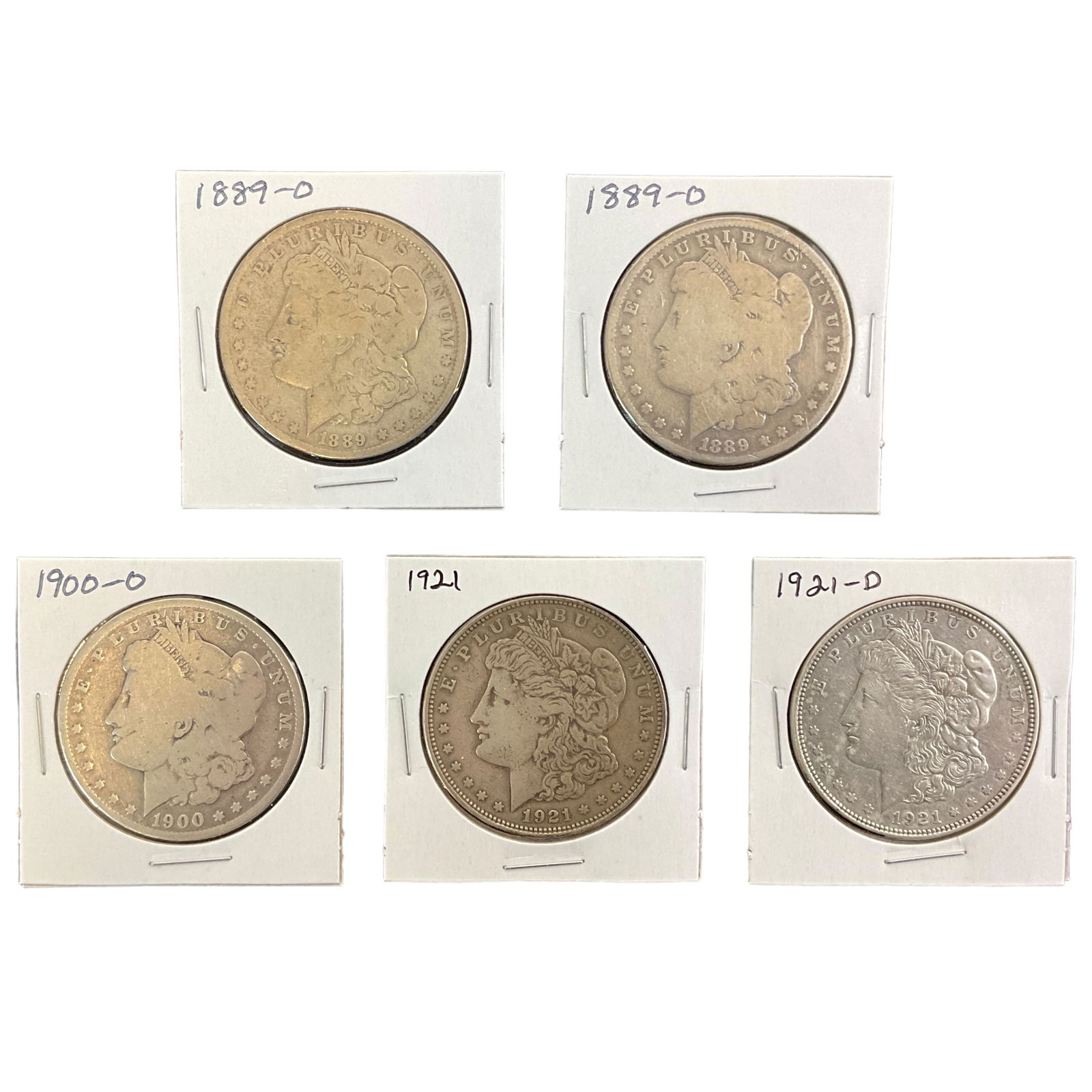 1899-O, 1900-O, 1921, 1921-D US Morgan Silver Dollars, Lot of 5, Grade G (1 of 11)