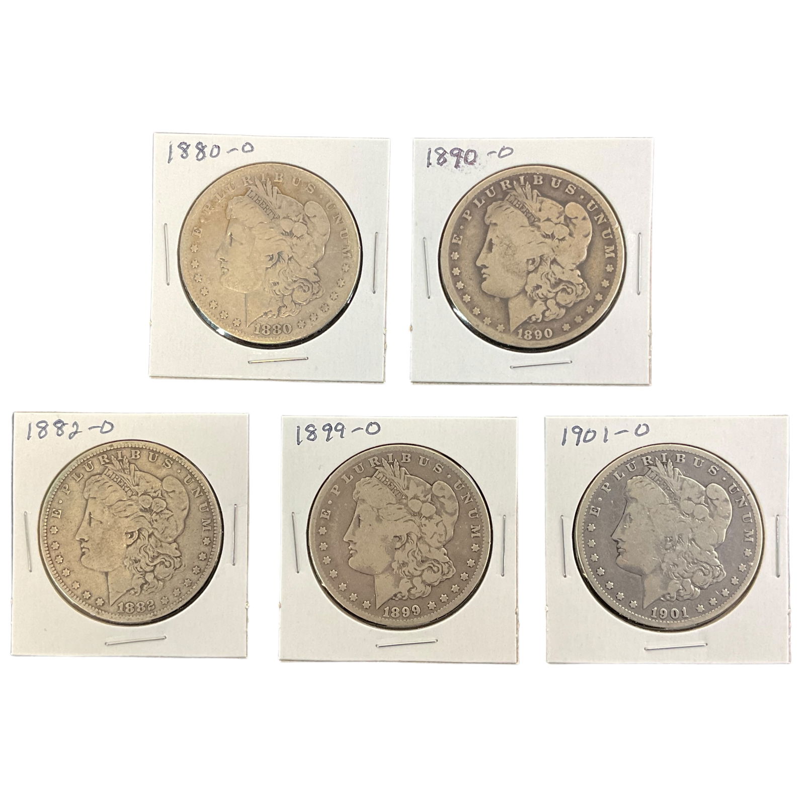 1880-O, 1882-O, 1890-O, 1899-O, 1901-O US Morgan Silver Dollars, Lot of 5, Grade G (1 of 11)