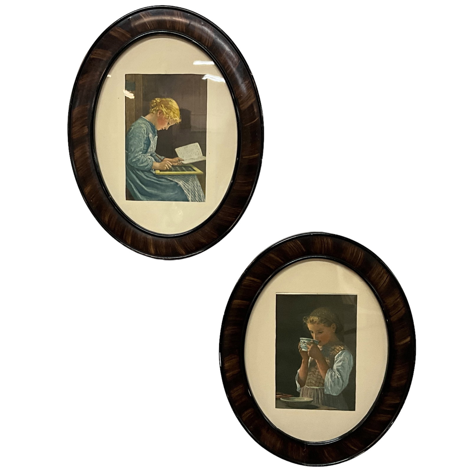 Pair of Framed Pictures: Framed Pictures - Girl Completing Homework, Woman with Tea. Each approx. 14 1/2" x 11 1/2"